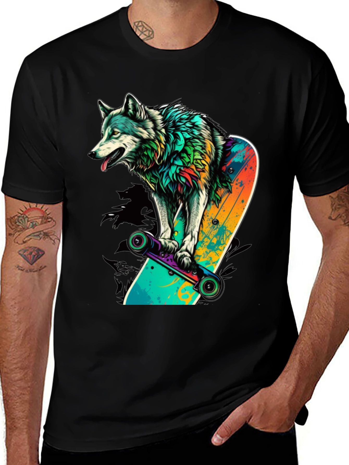 Wolf on Skateboard Graphic Tee - Black