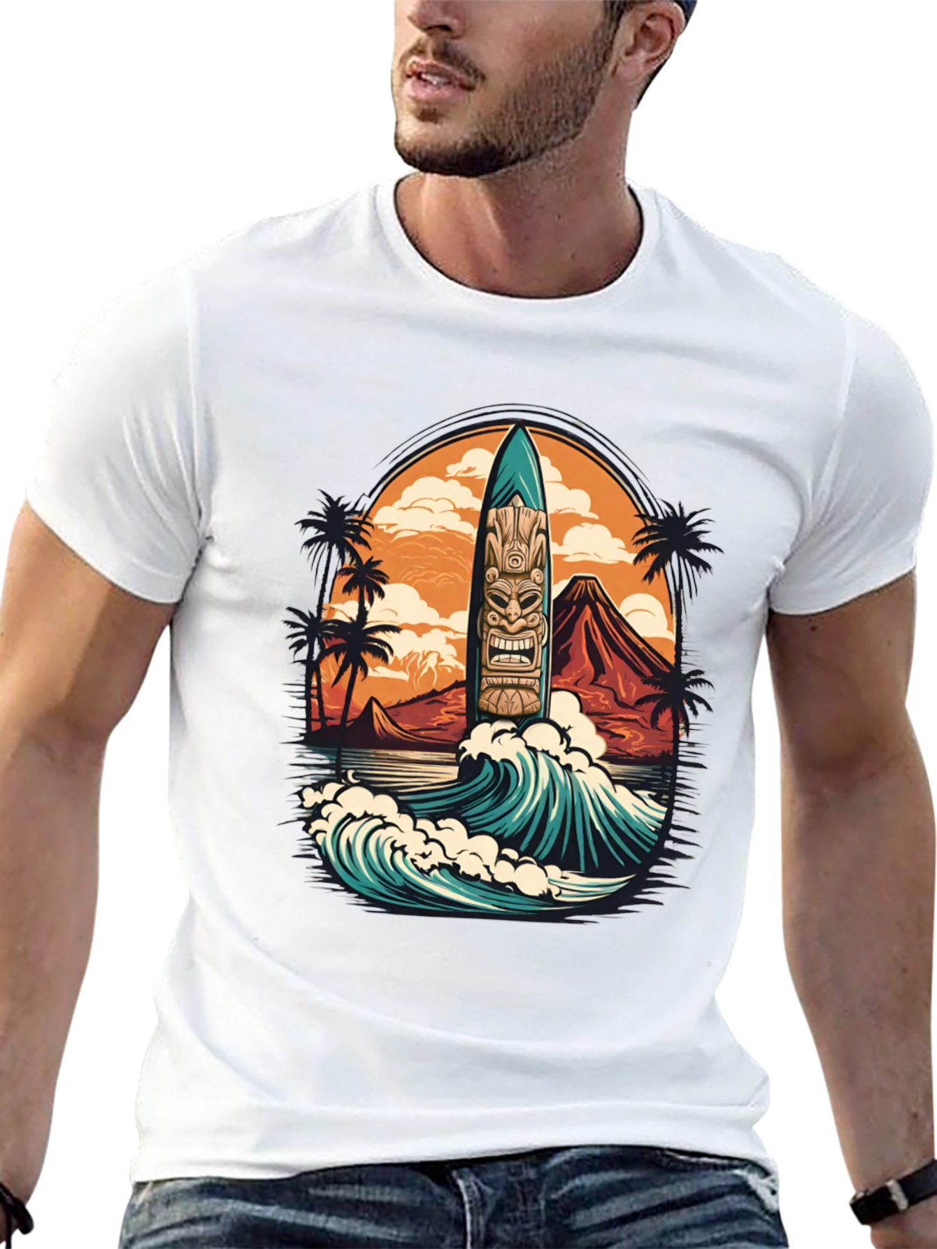 Tropical Surfboard Tiki Graphic Tee