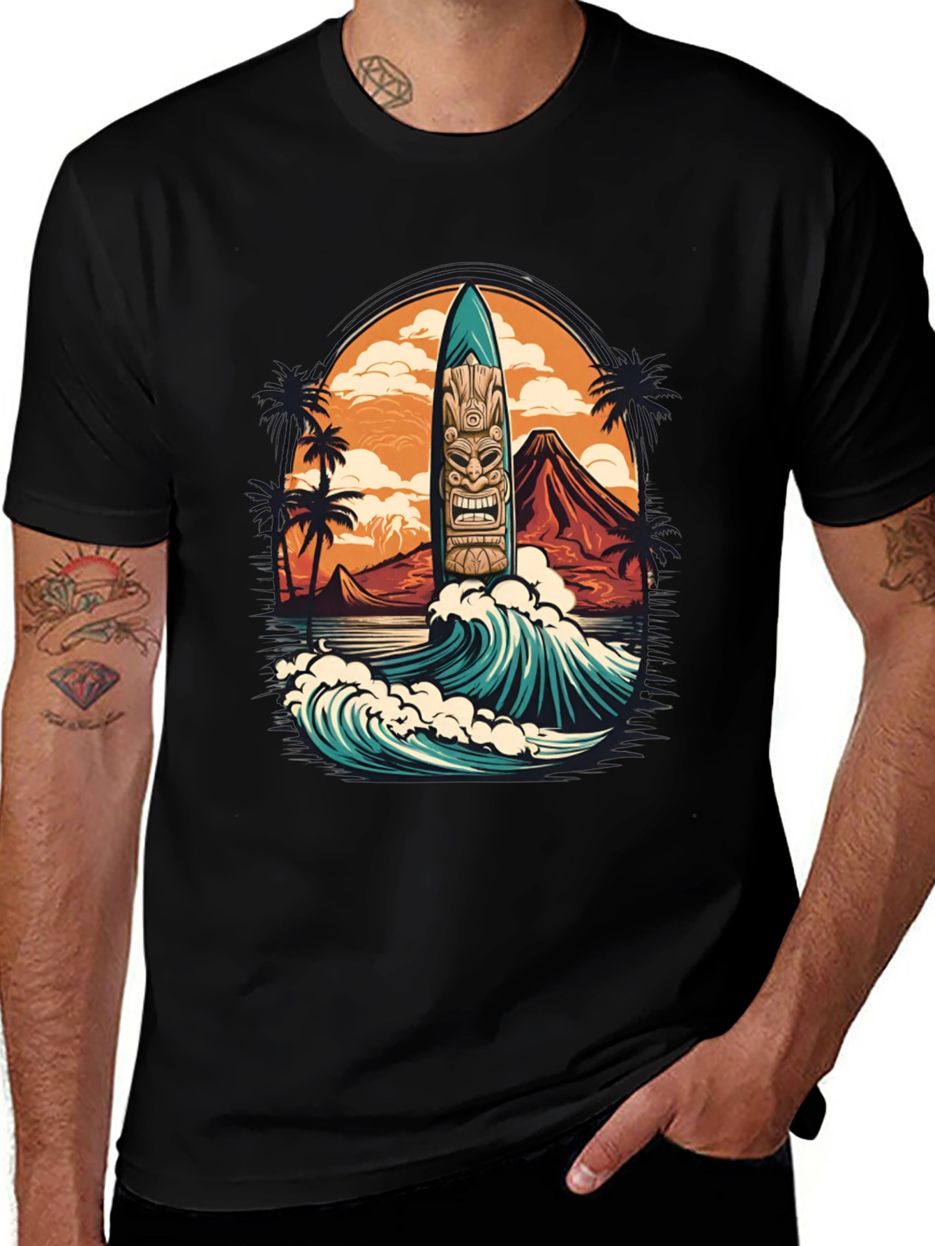 Tropical Surfboard Tiki Graphic Tee