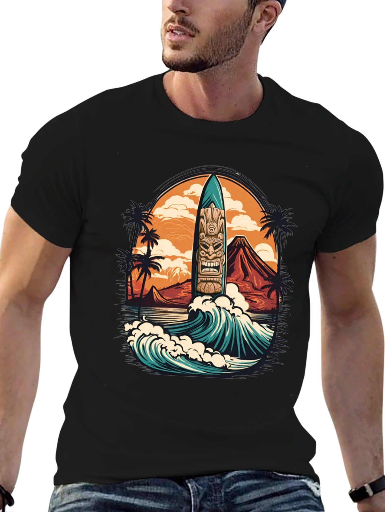 Tropical Surfboard Tiki Graphic Tee