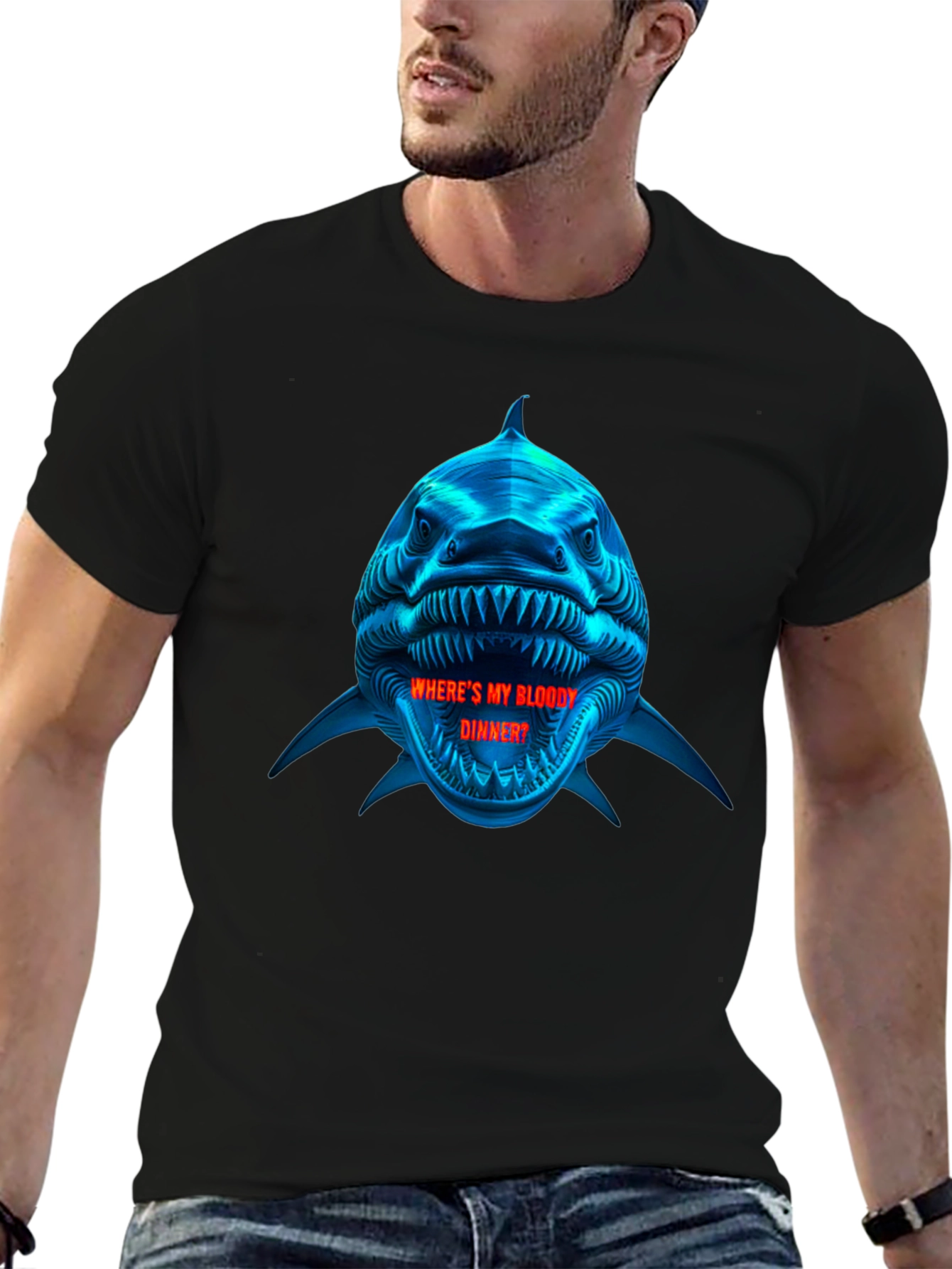 Shark Bloody Dinner Graphic Black T-Shirt