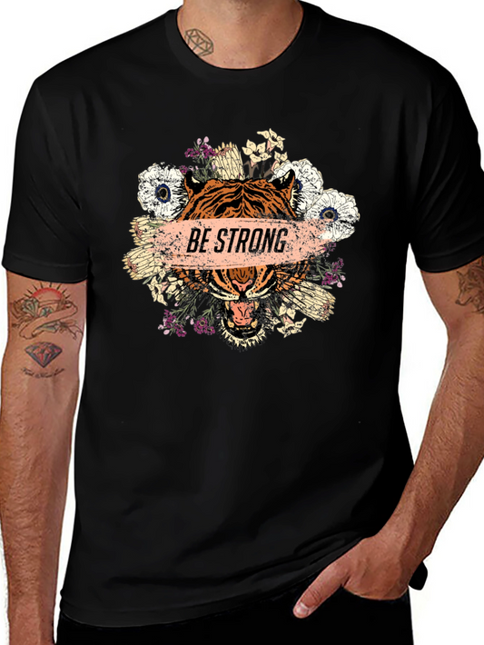 Be Strong Tiger Floral Graphic Tee - Mens Black T-Shirt