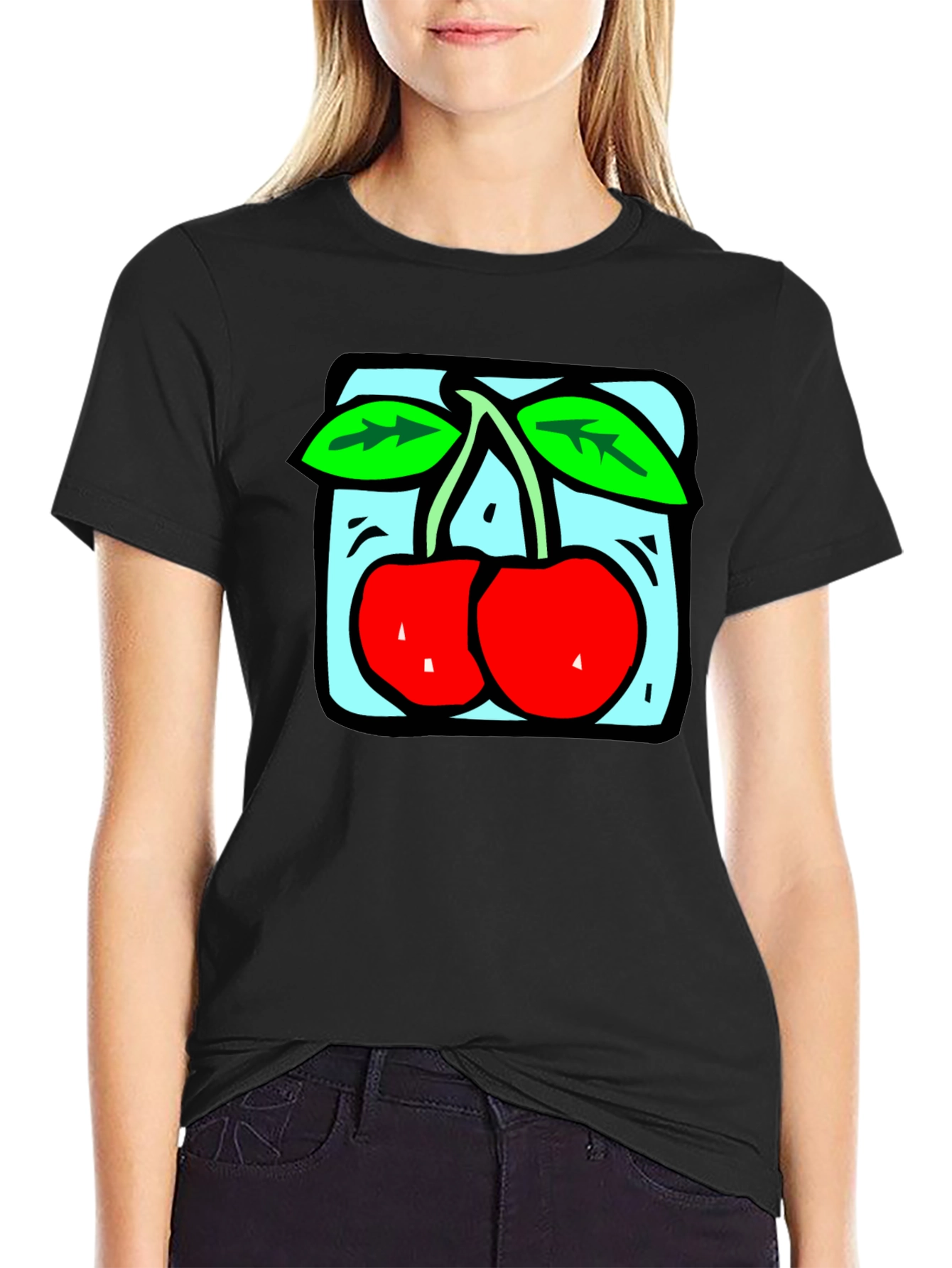 Retro Cherry Graphic Tee - Black Cotton T-Shirt