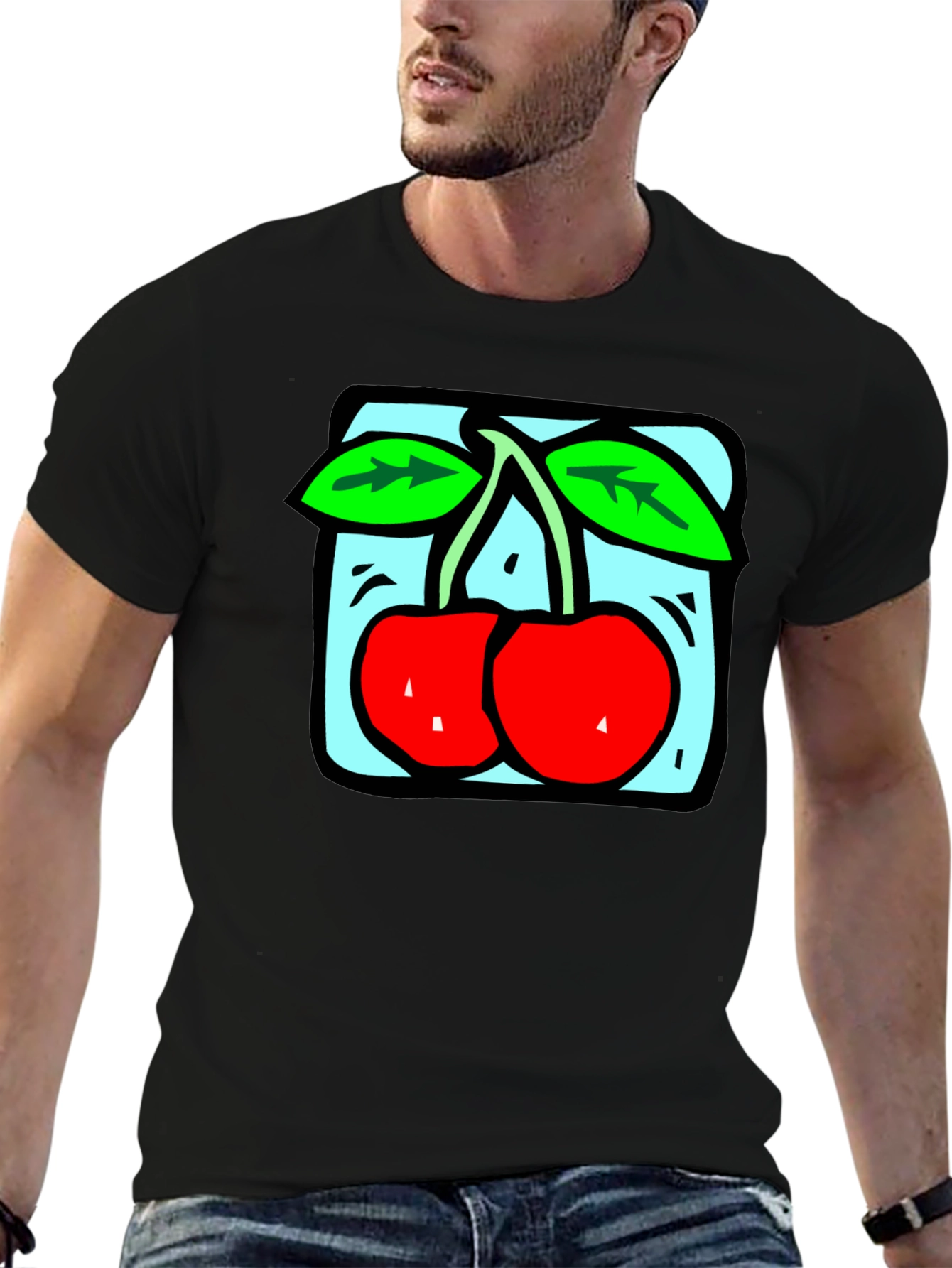 Retro Cherry Graphic Tee - Black Cotton T-Shirt
