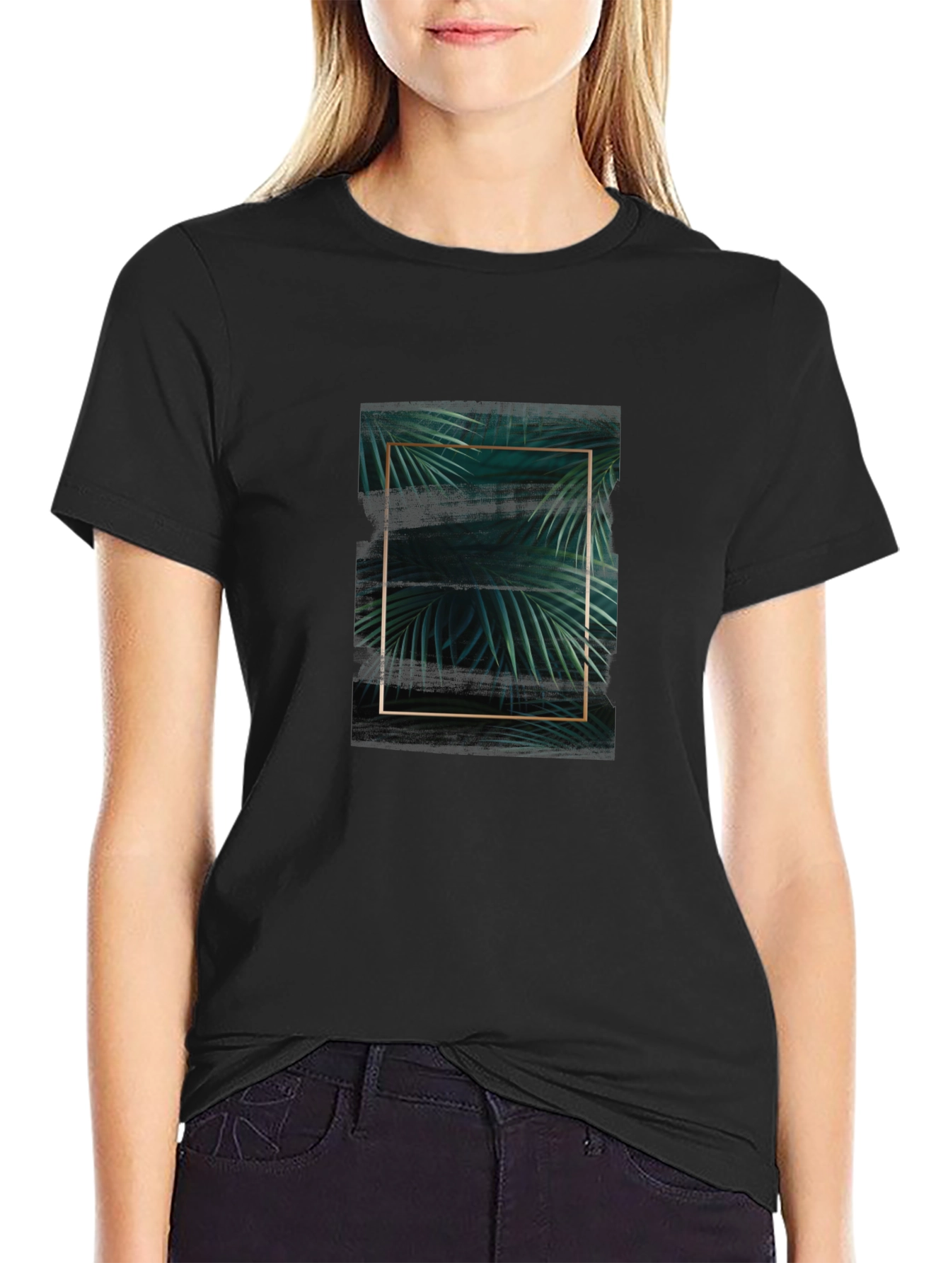 Stylish Black Tee with Tropical Leaf Graphic