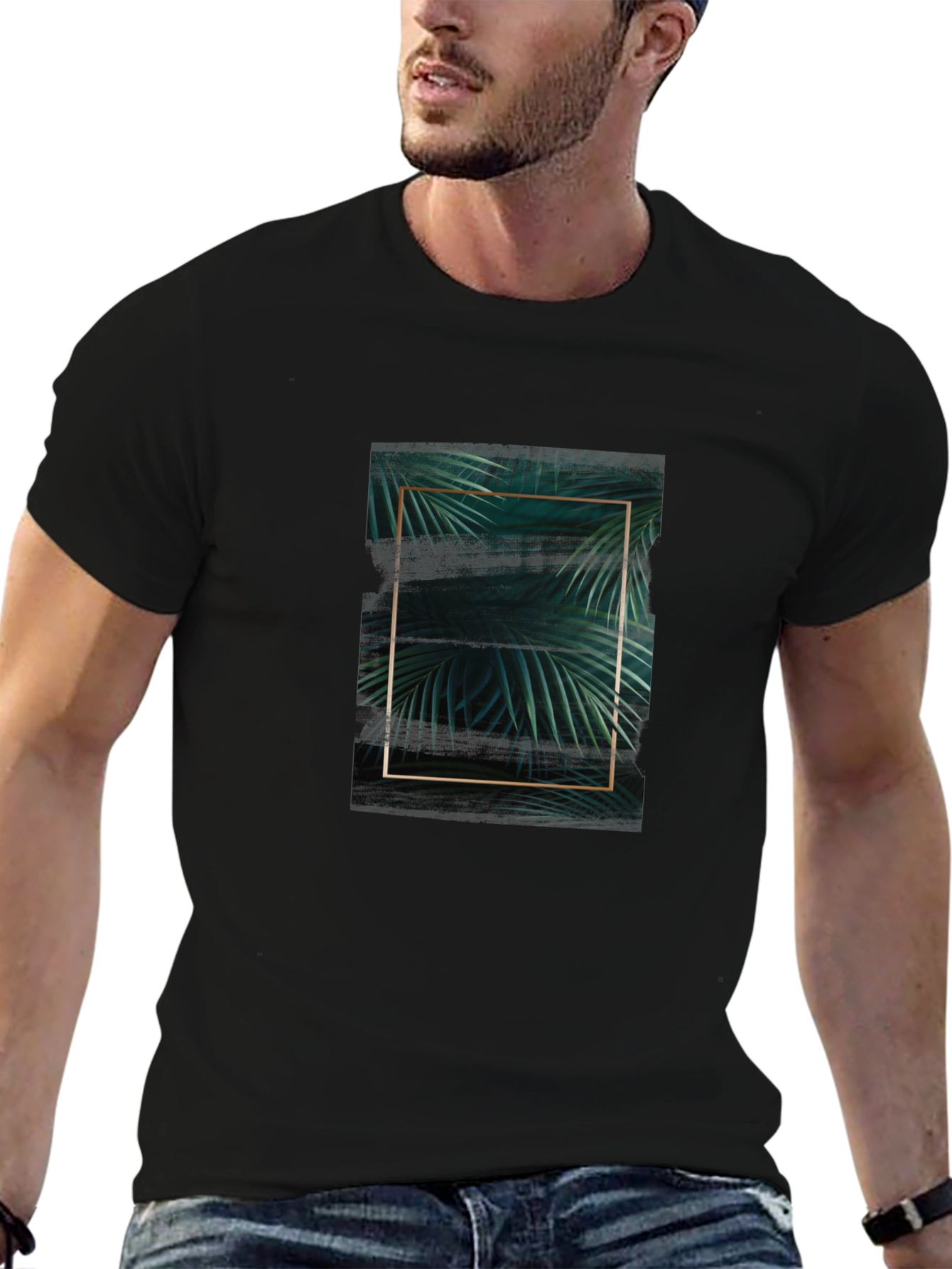 Stylish Black Tee with Tropical Leaf Graphic