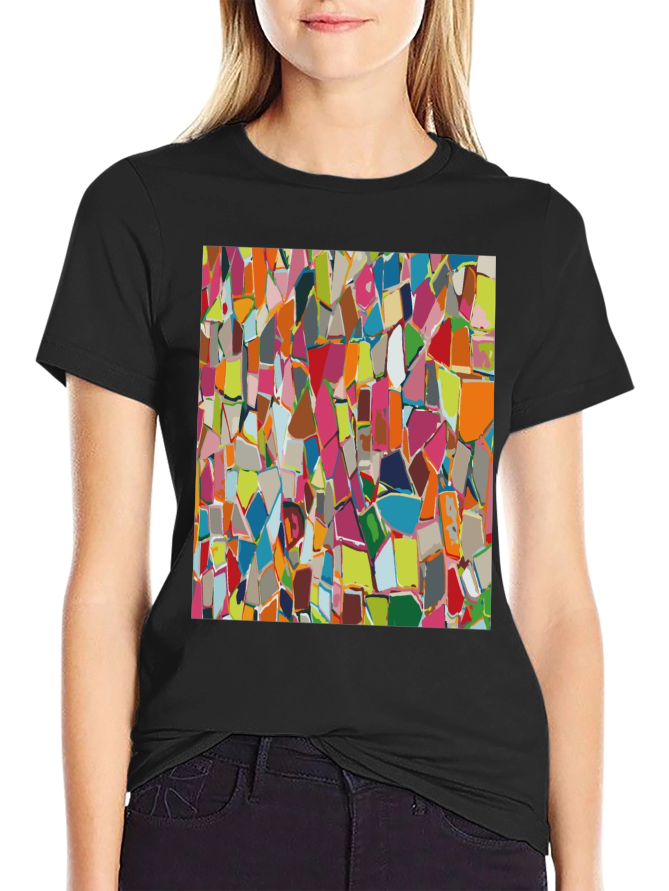 Abstract Mosaic Pattern Black T-Shirt