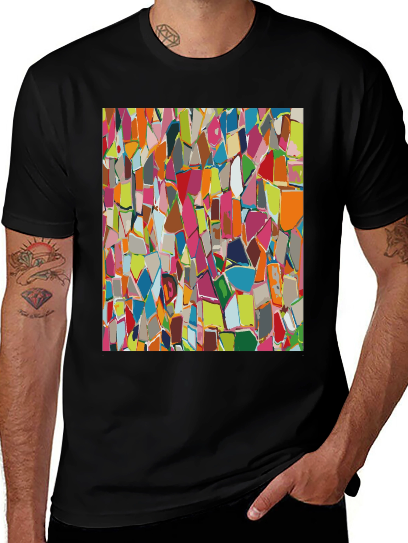 Abstract Mosaic Pattern Black T-Shirt