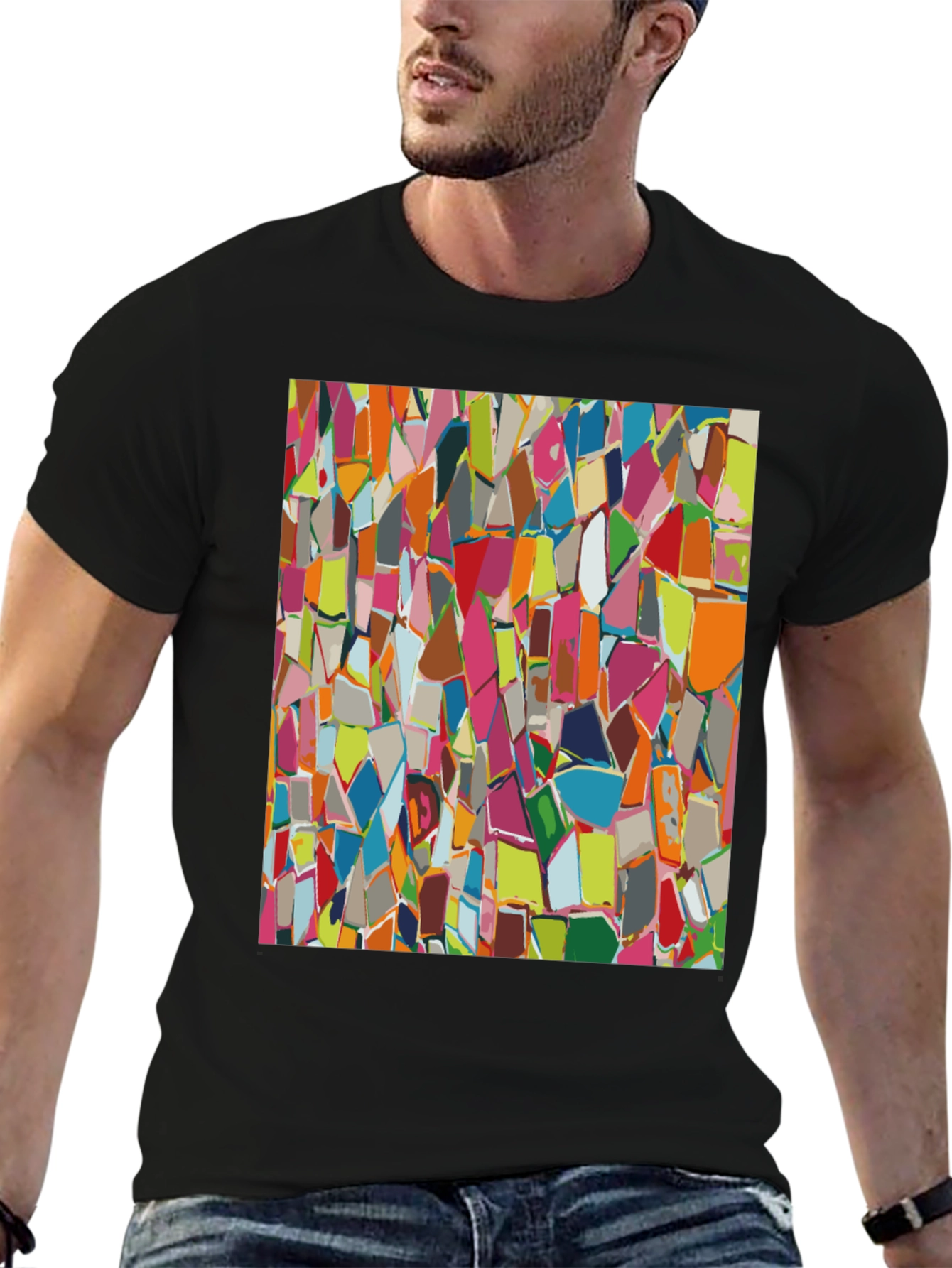 Abstract Mosaic Pattern Black T-Shirt