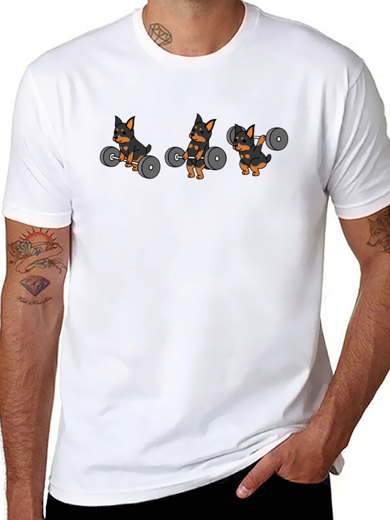 Weightlifting Dog Cartoon Black T-Shirt