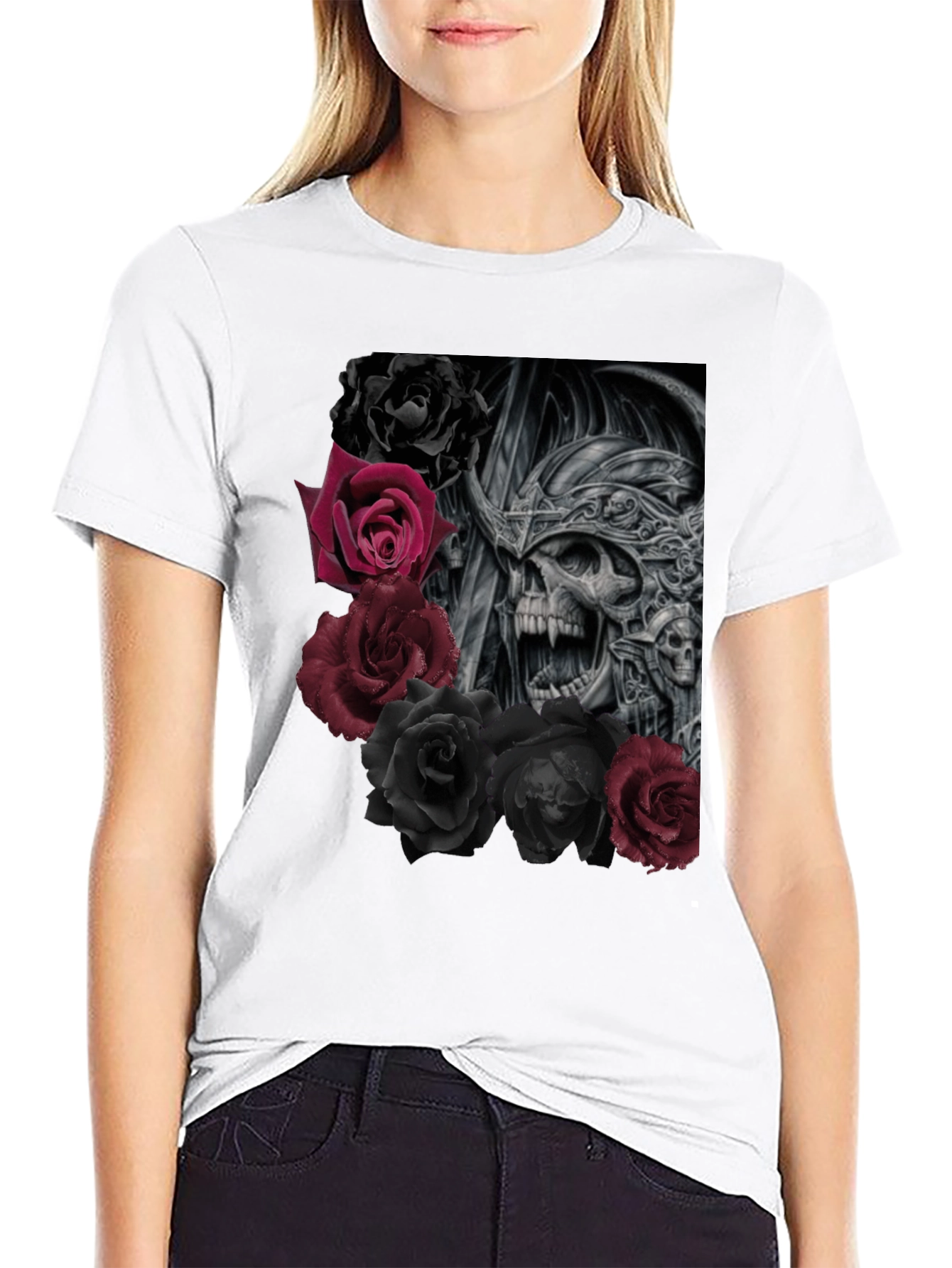 Skull and Roses Graphic Black T-Shirt