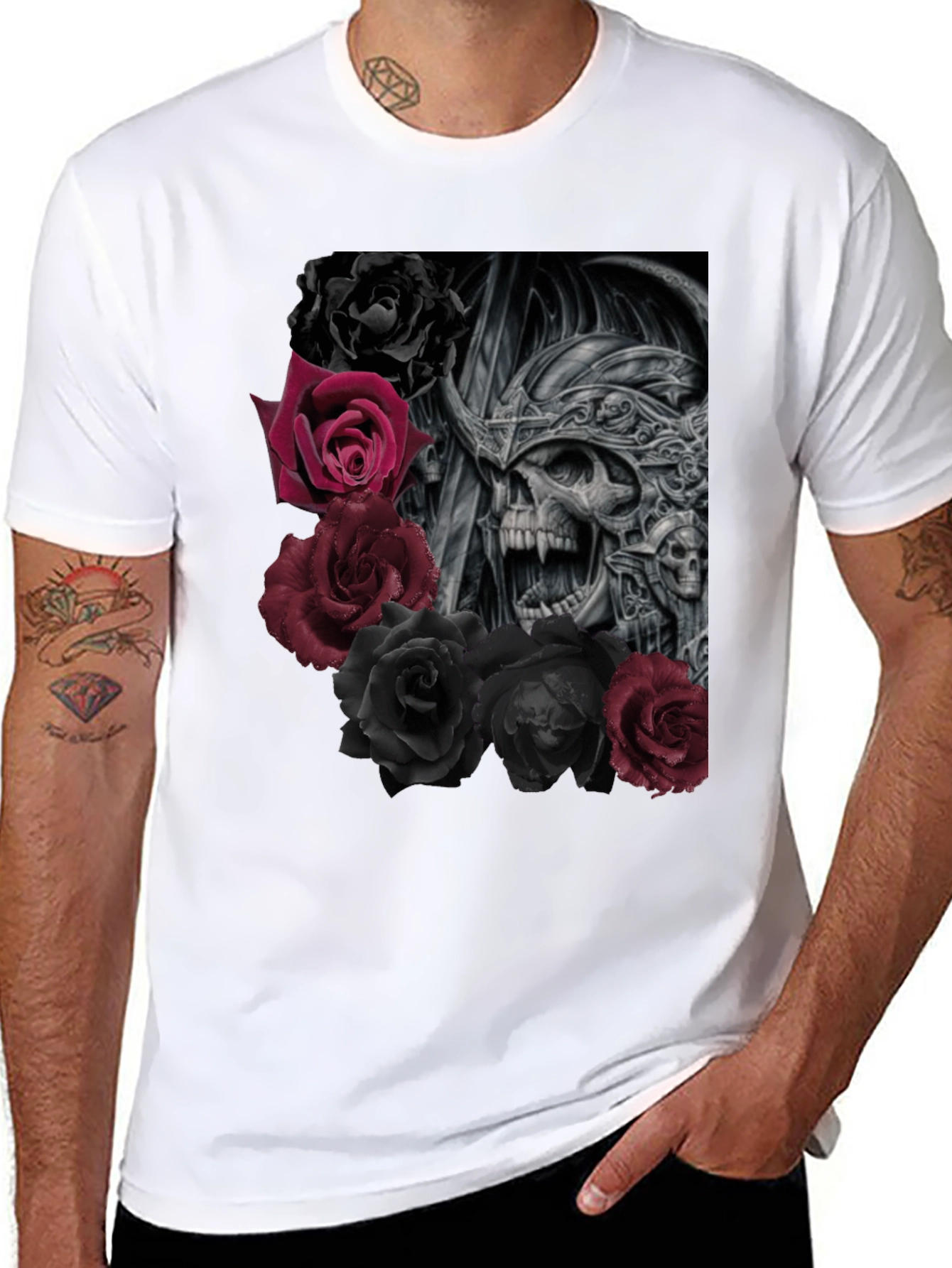 Skull and Roses Graphic Black T-Shirt
