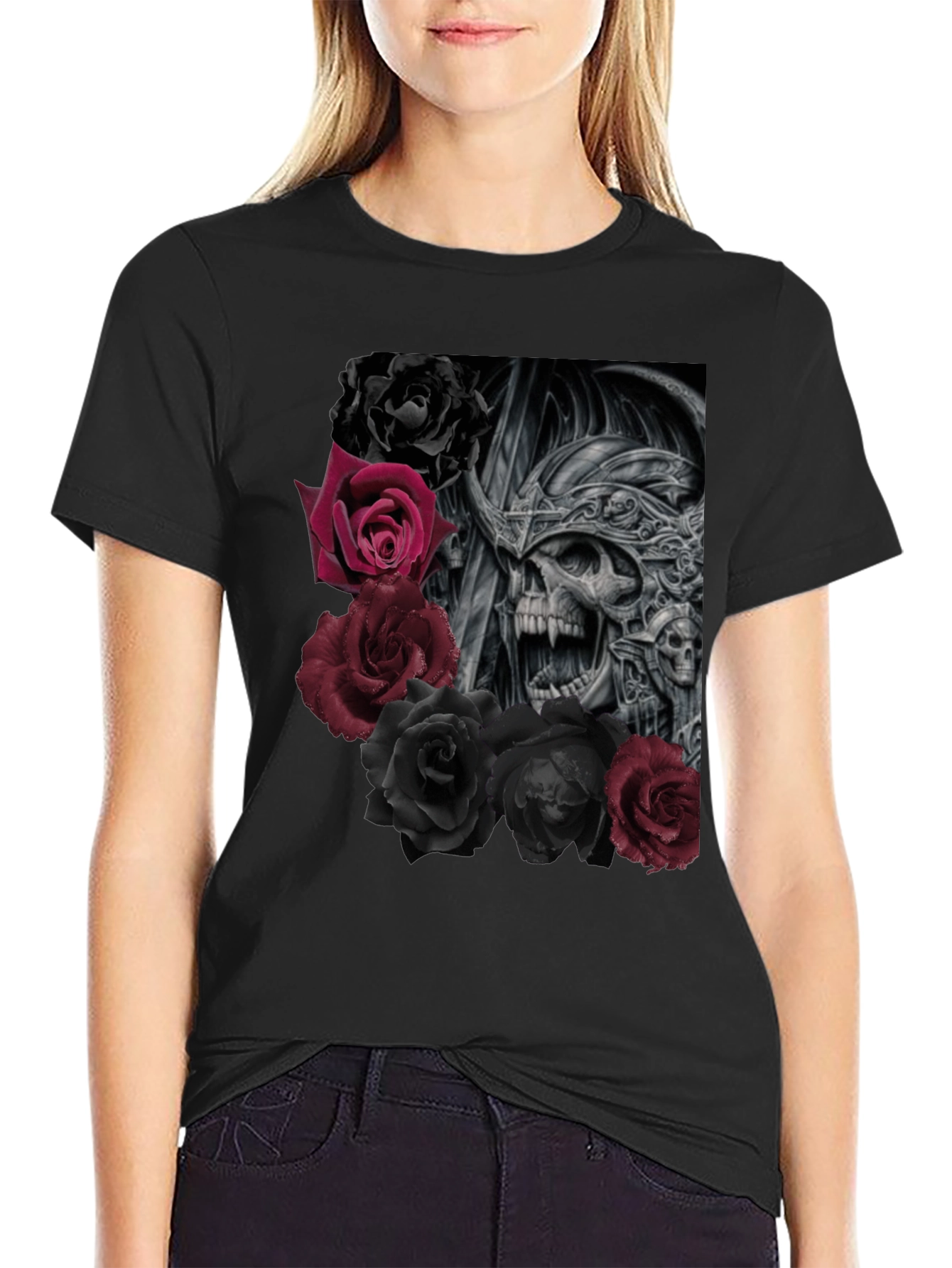 Skull and Roses Graphic Black T-Shirt