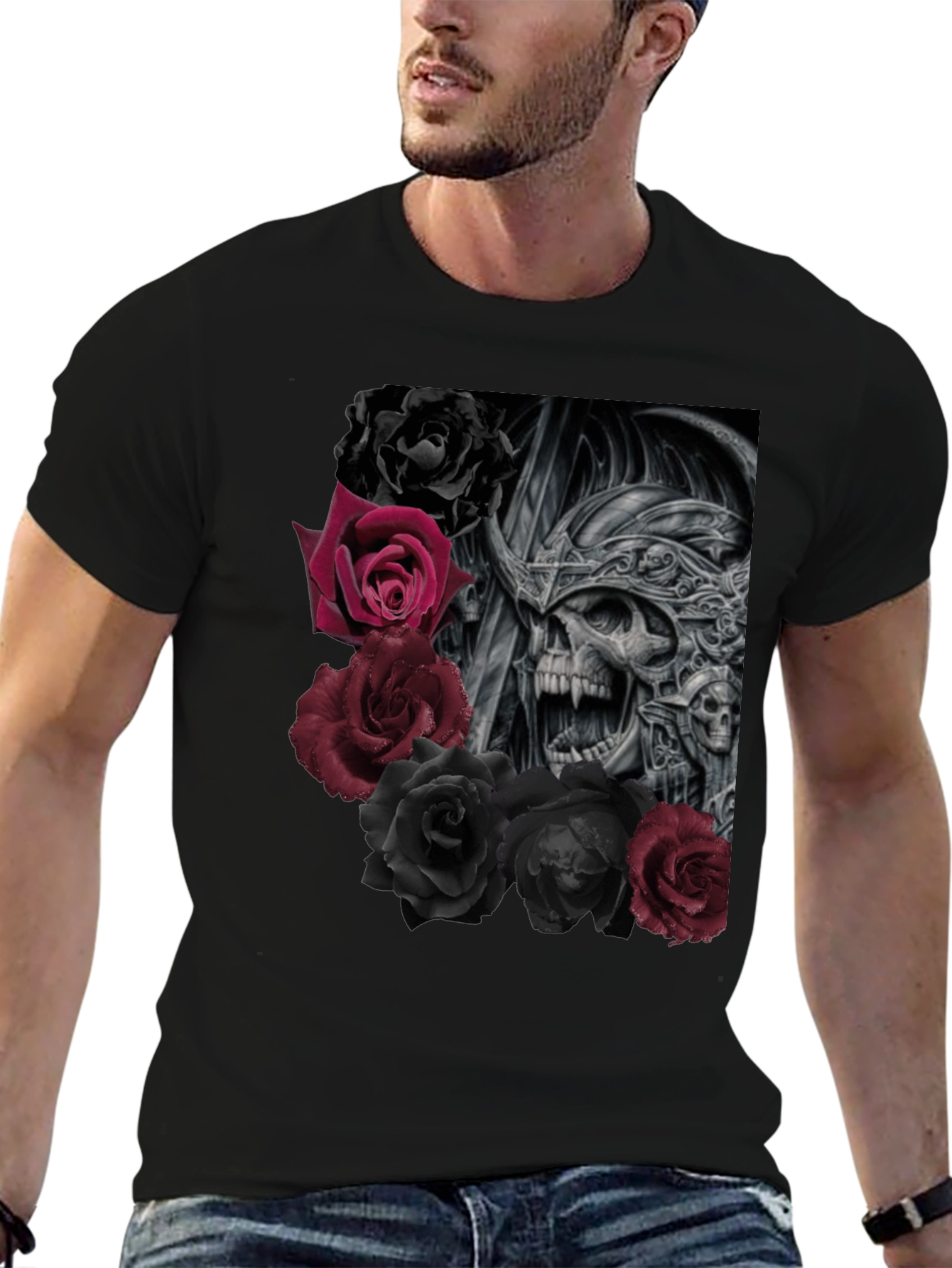 Skull and Roses Graphic Black T-Shirt