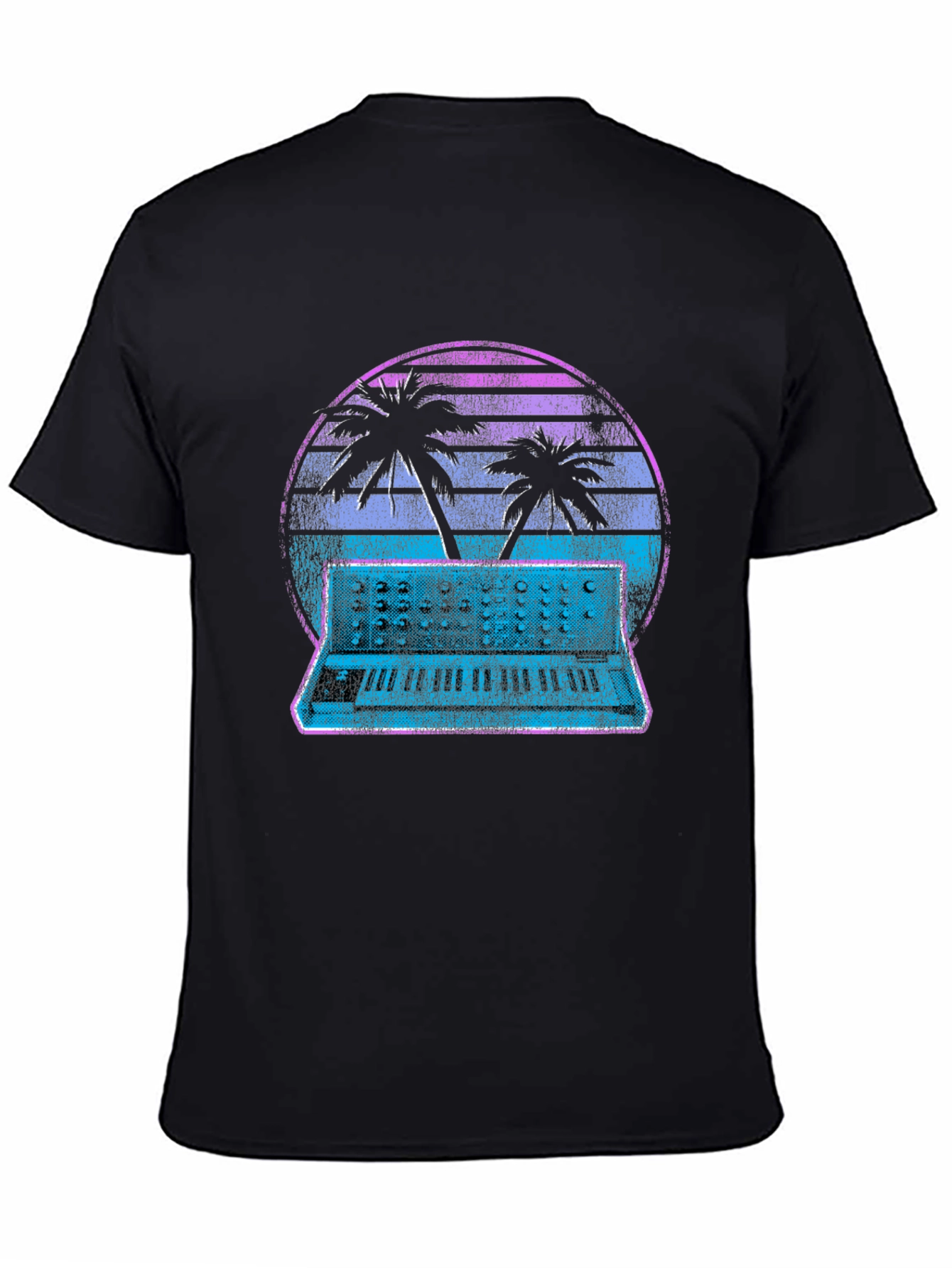 Retro Synthwave T-Shirt - Palm Tree Keyboard Sunset