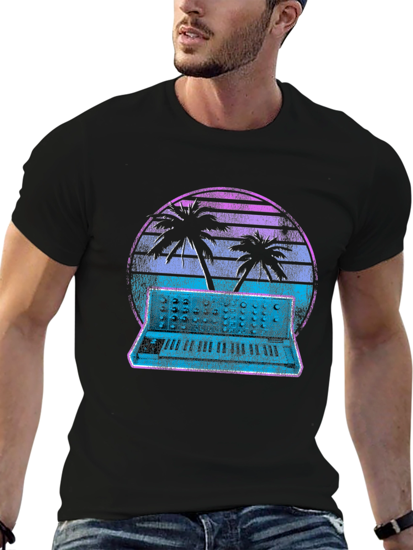 Retro Synthwave T-Shirt - Palm Tree Keyboard Sunset