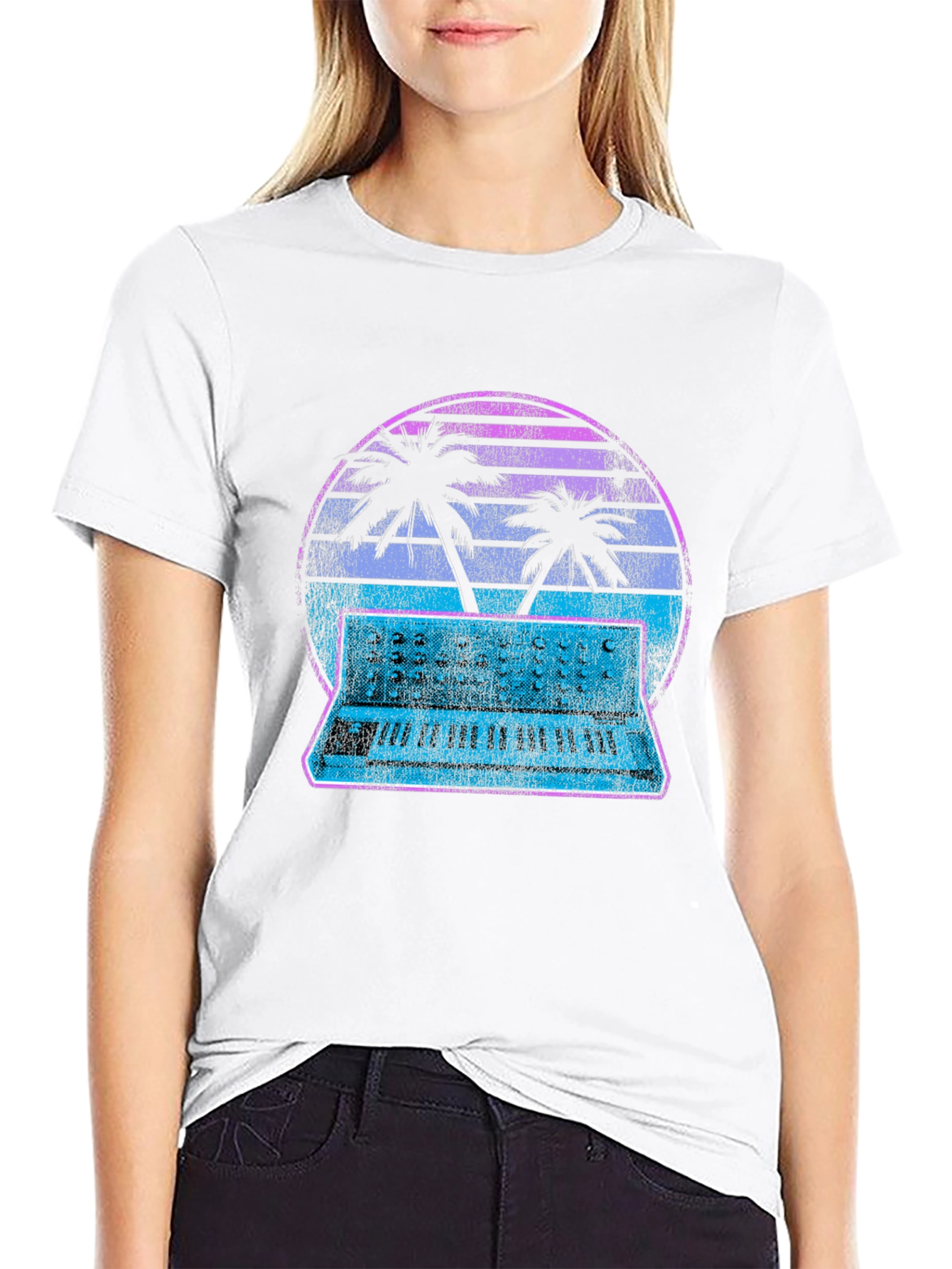 Retro Synthwave T-Shirt - Palm Tree Keyboard Sunset