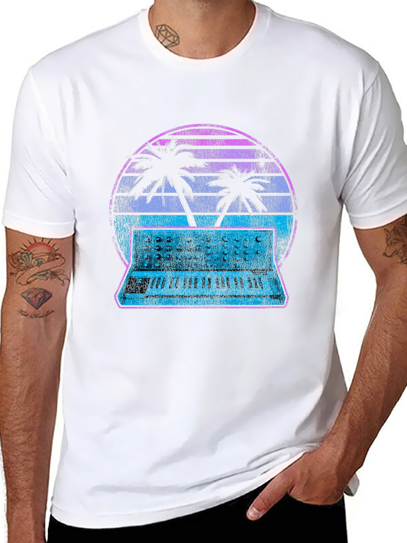 Retro Synthwave T-Shirt - Palm Tree Keyboard Sunset
