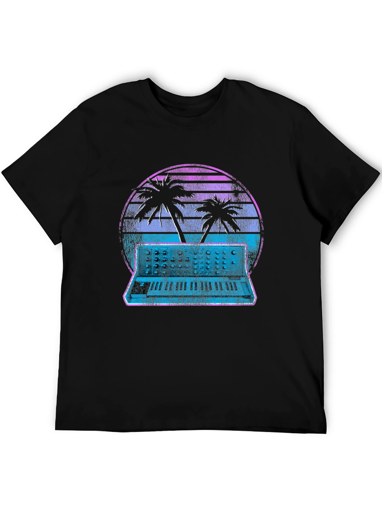 Retro Synthwave T-Shirt - Palm Tree Keyboard Sunset