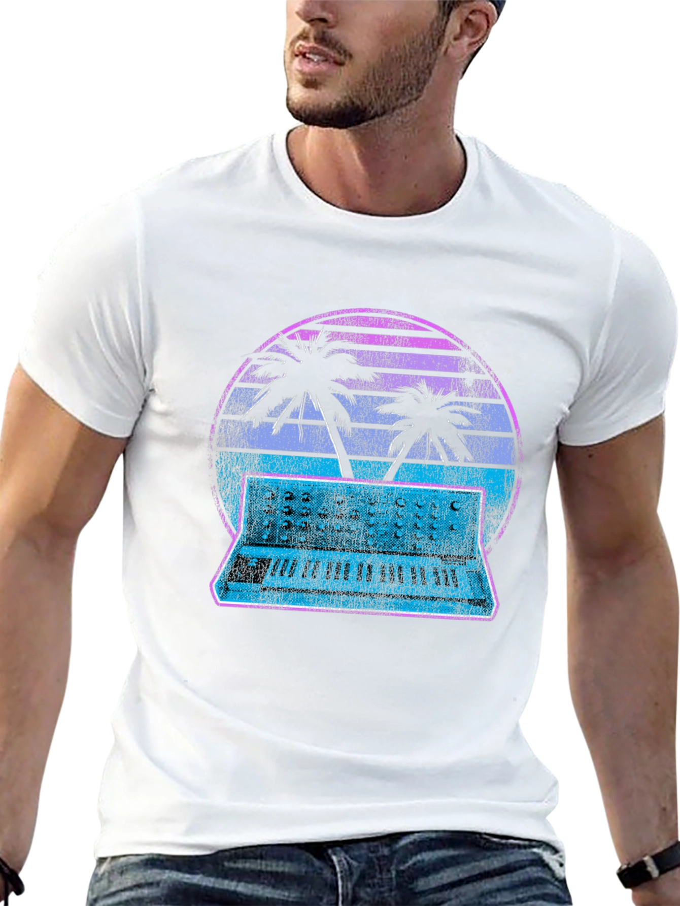 Retro Synthwave T-Shirt - Palm Tree Keyboard Sunset