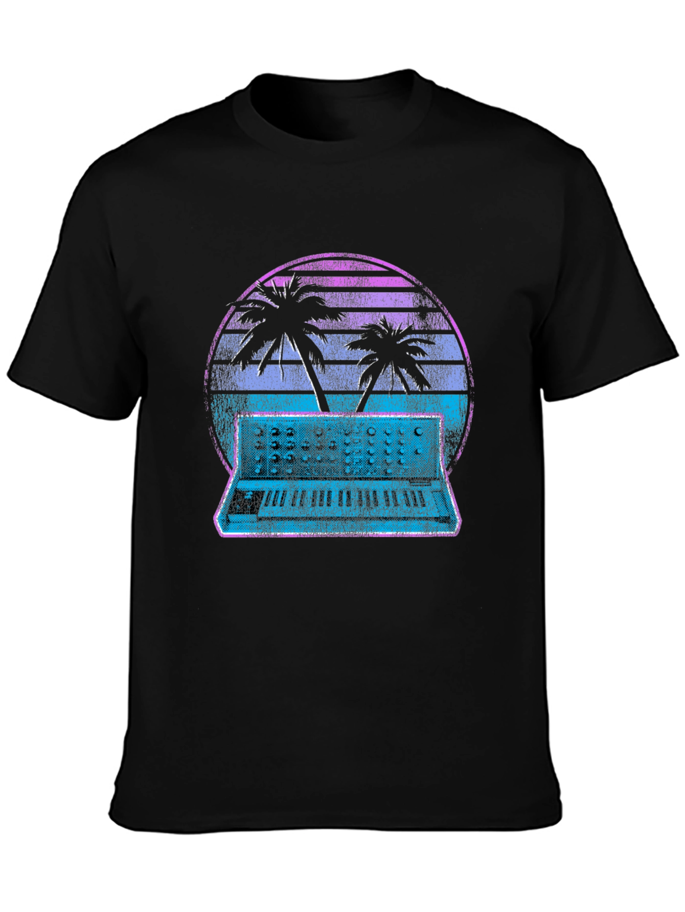 Retro Synthwave T-Shirt - Palm Tree Keyboard Sunset