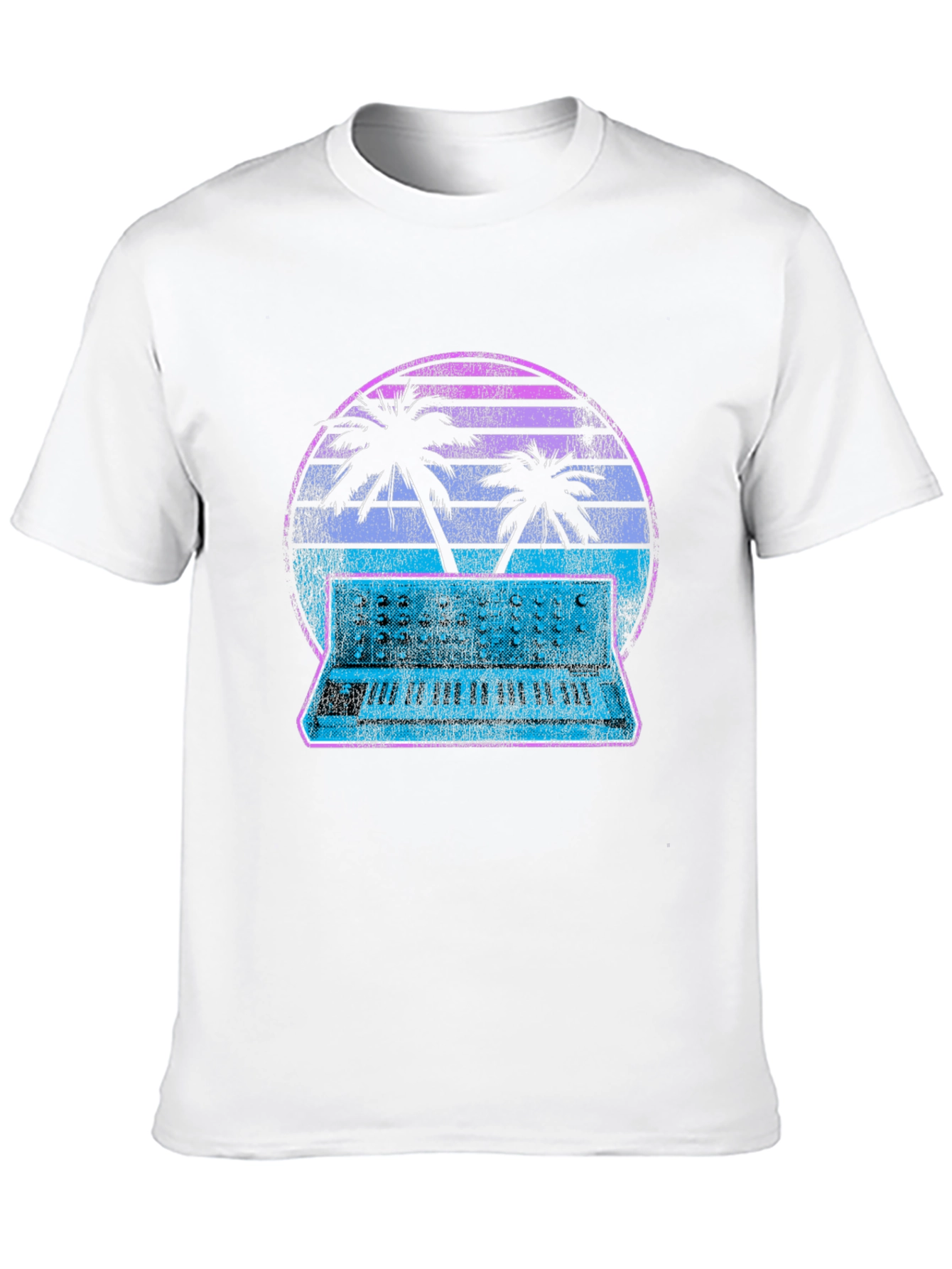 Retro Synthwave T-Shirt - Palm Tree Keyboard Sunset