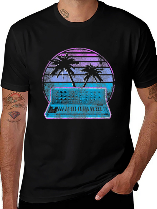 Retro Synthwave T-Shirt - Palm Tree Keyboard Sunset