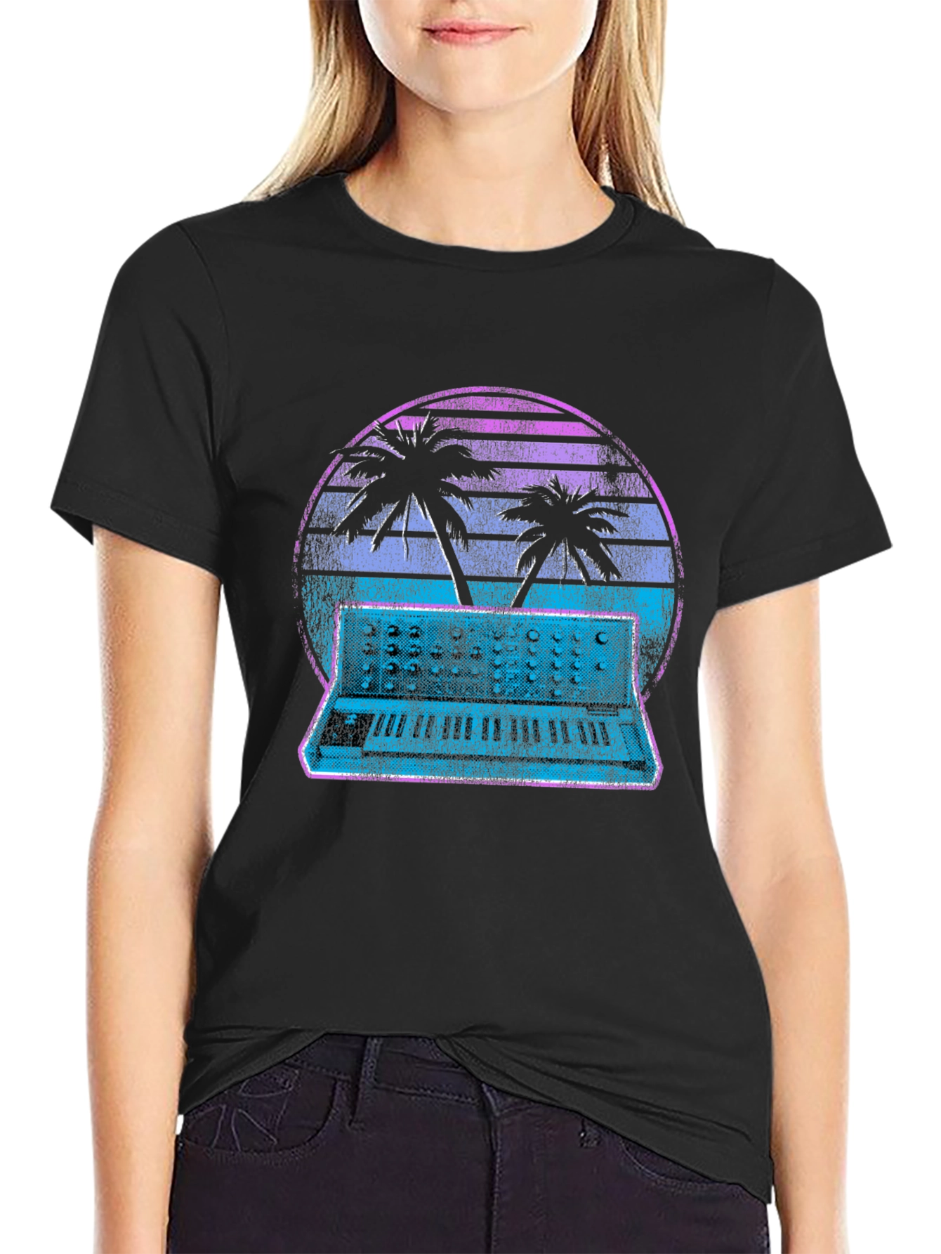 Retro Synthwave T-Shirt - Palm Tree Keyboard Sunset