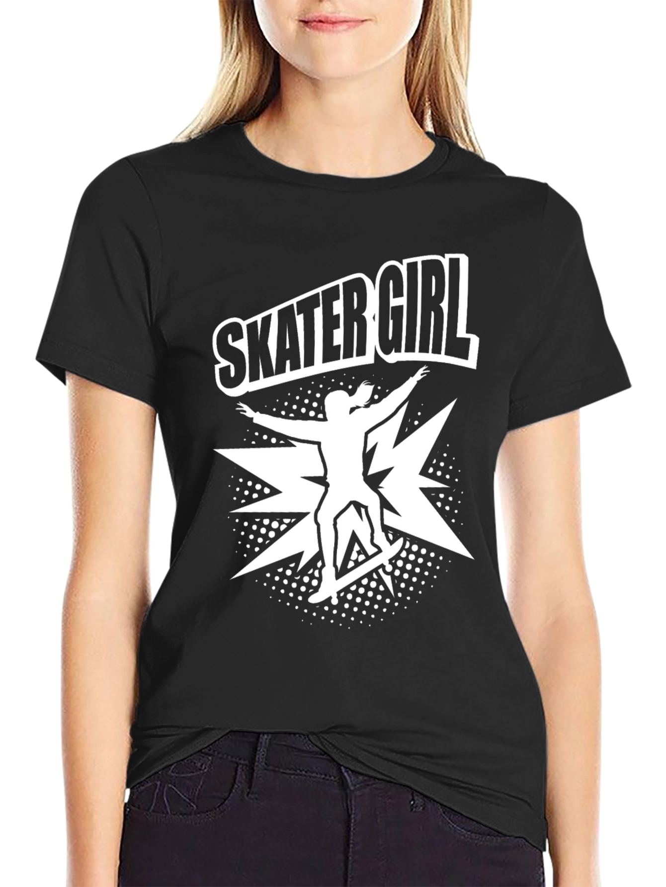 Skater Girl Graphic Tee - Black Cotton T-Shirt