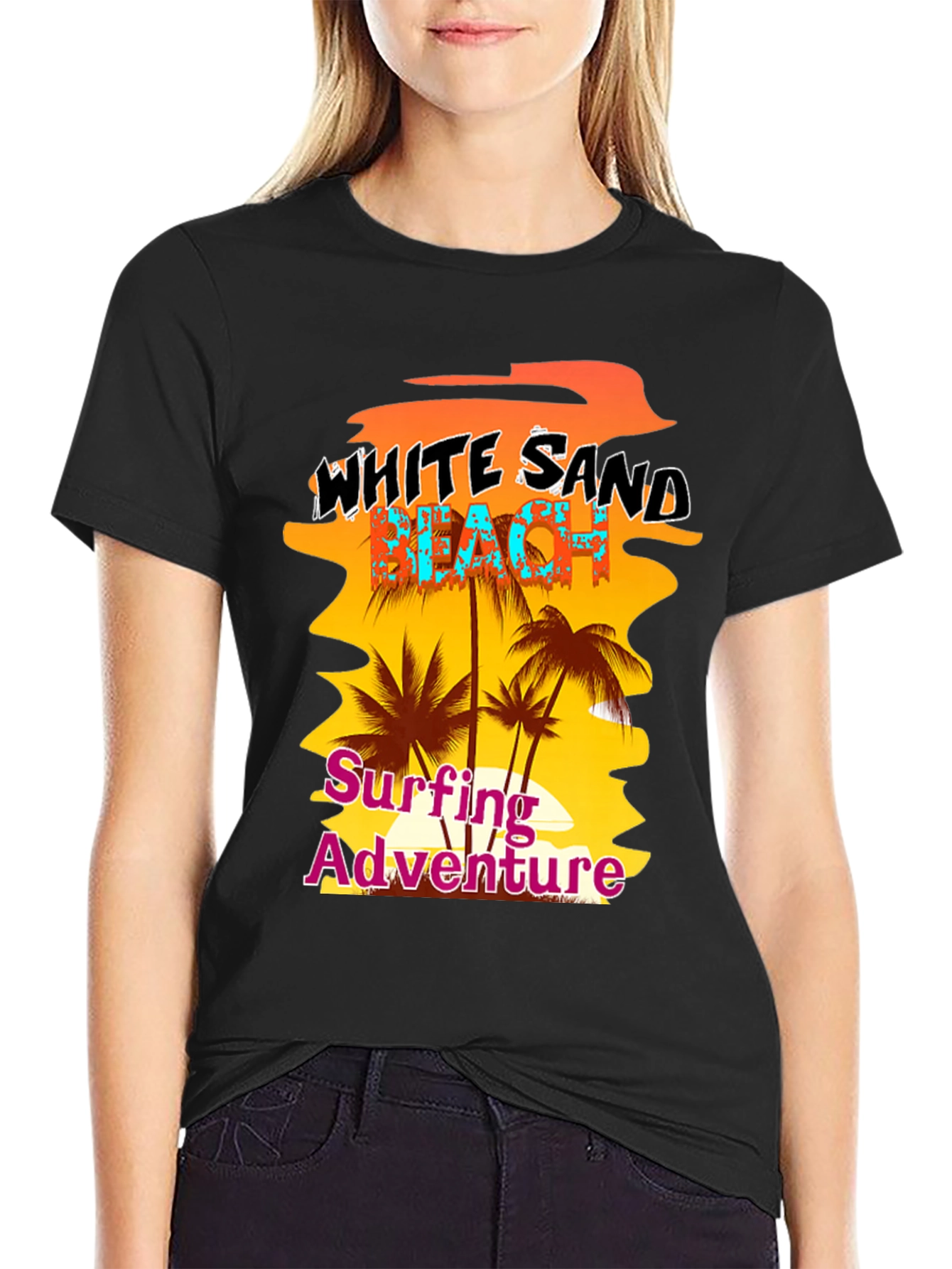 White Sand Beach Surfing Adventure Black Graphic Tee