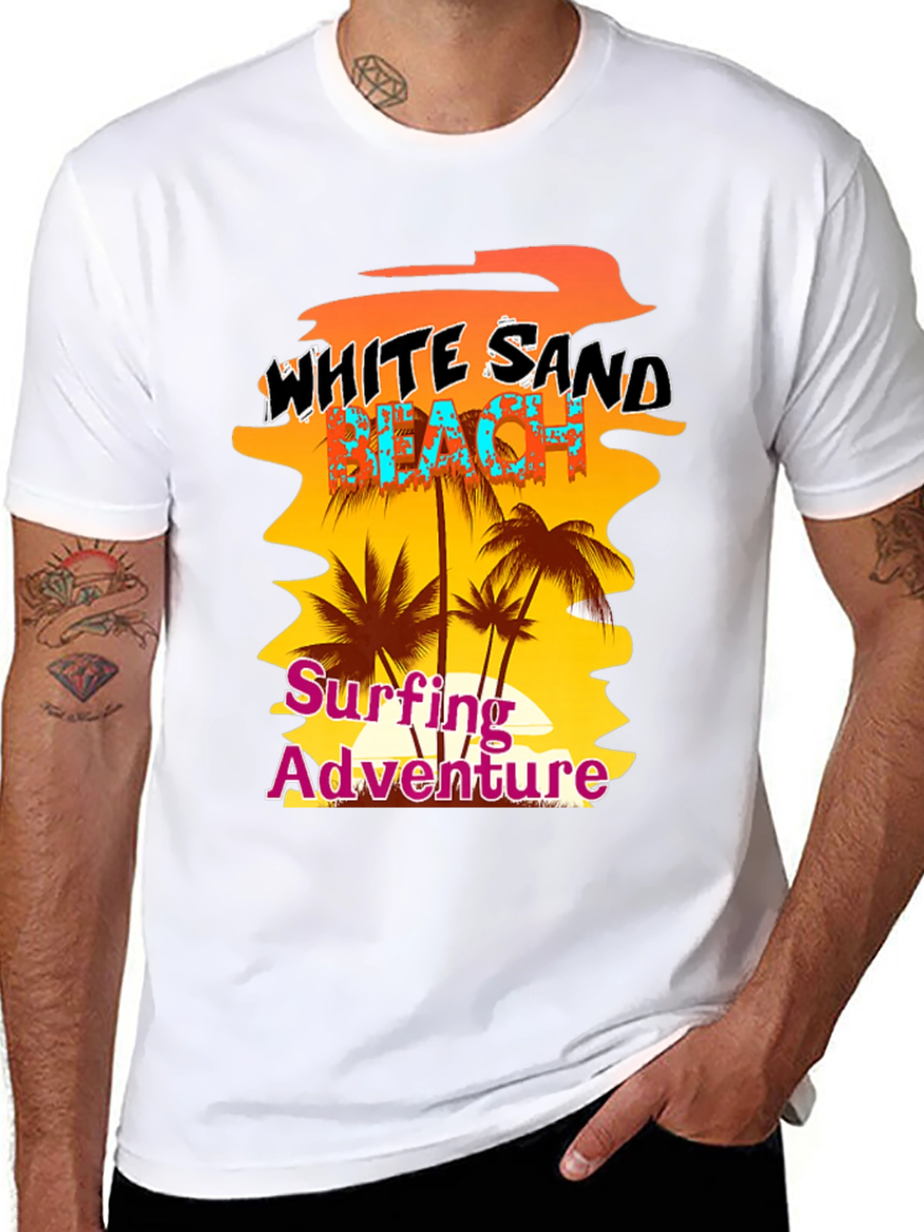 White Sand Beach Surfing Adventure Black Graphic Tee