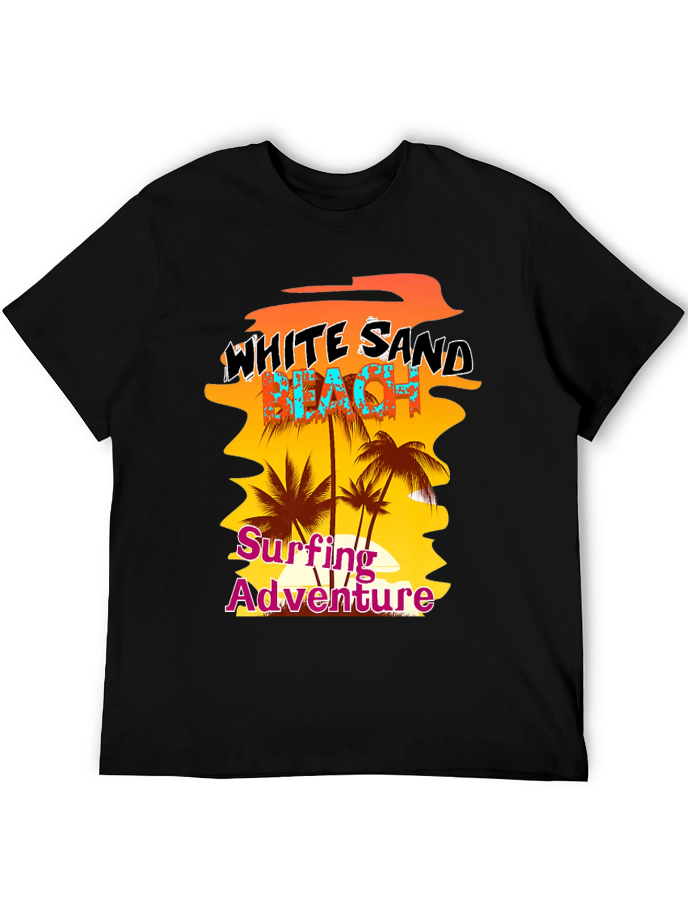 White Sand Beach Surfing Adventure Black Graphic Tee