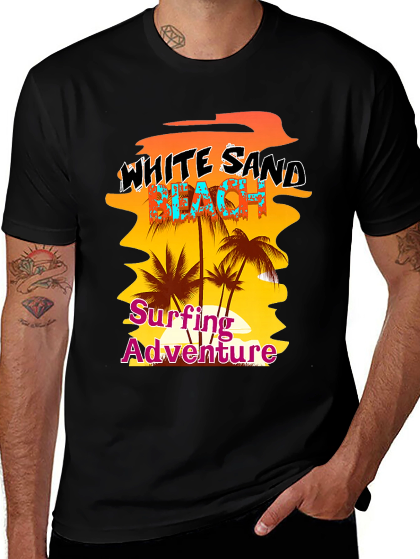 White Sand Beach Surfing Adventure Black Graphic Tee