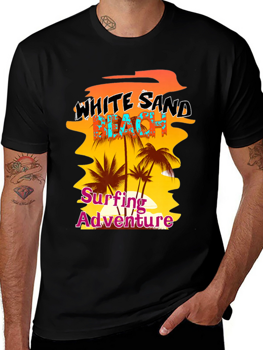 White Sand Beach Surfing Adventure Black Graphic Tee
