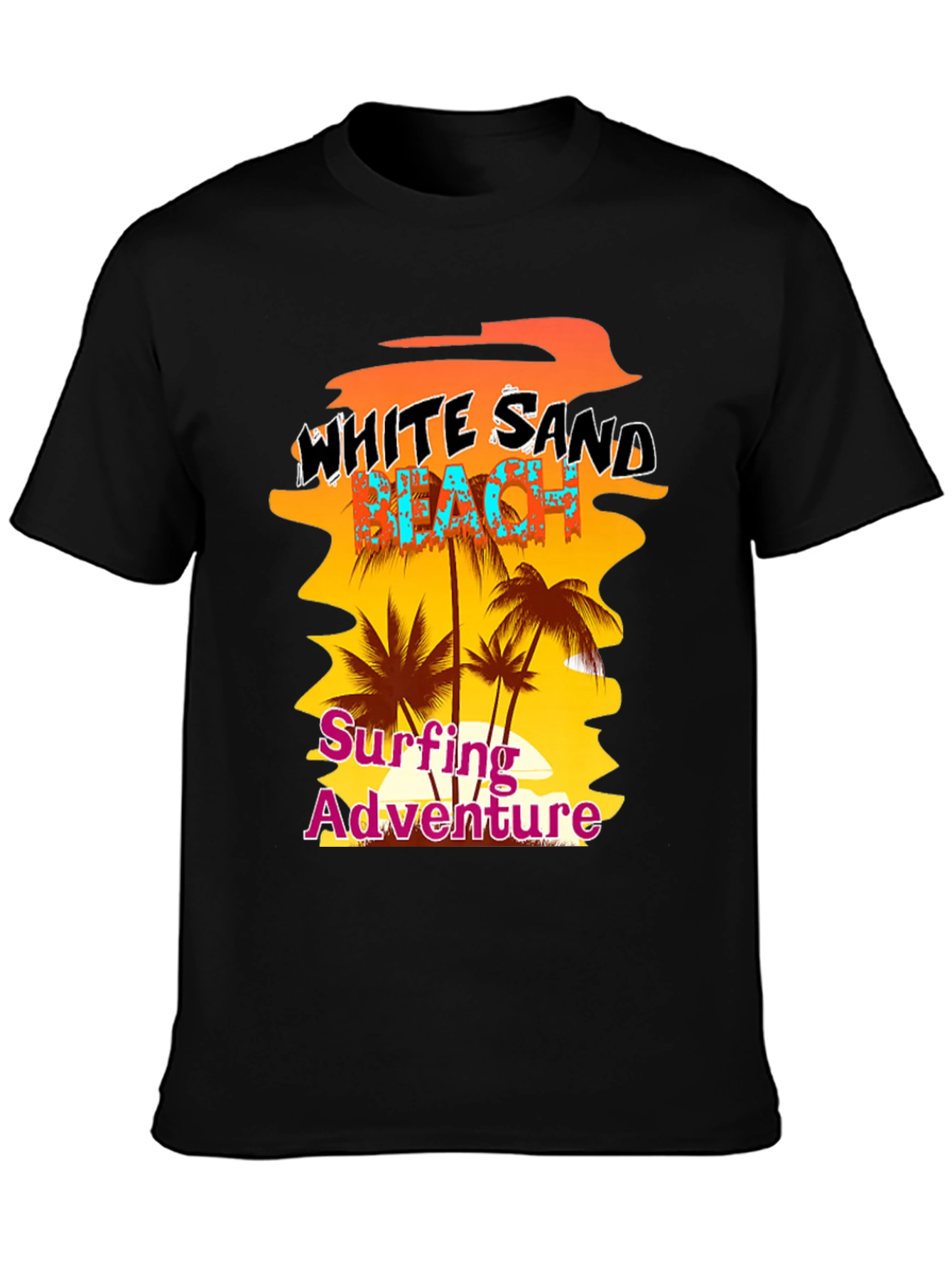 White Sand Beach Surfing Adventure Black Graphic Tee