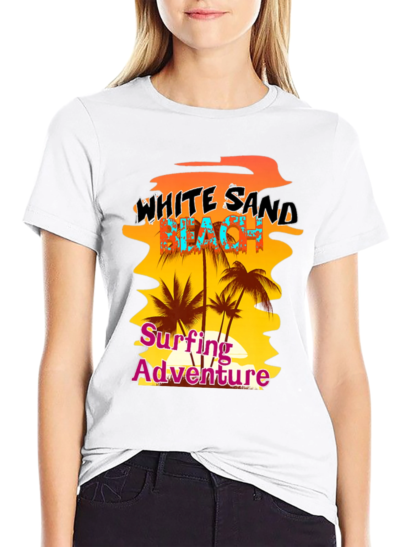 White Sand Beach Surfing Adventure Black Graphic Tee
