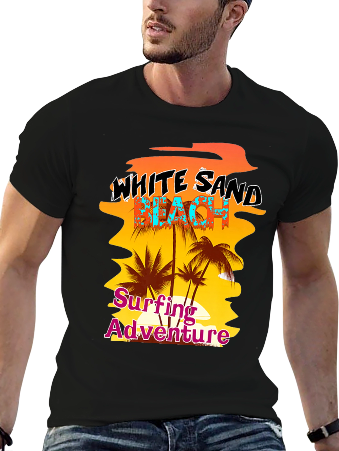 White Sand Beach Surfing Adventure Black Graphic Tee
