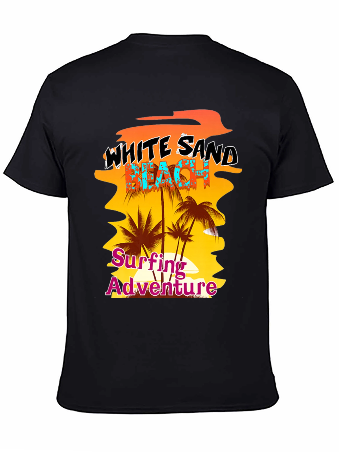 White Sand Beach Surfing Adventure Black Graphic Tee
