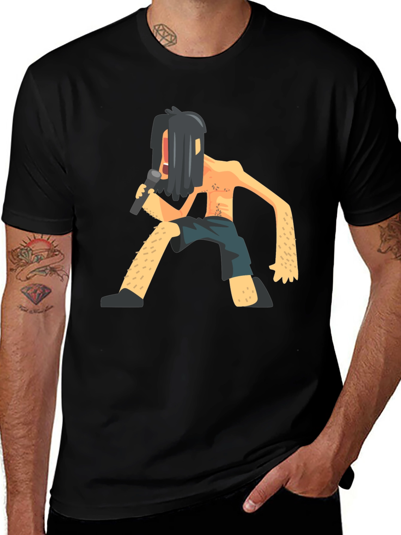 Black T-Shirt with Funny Singer Graphic