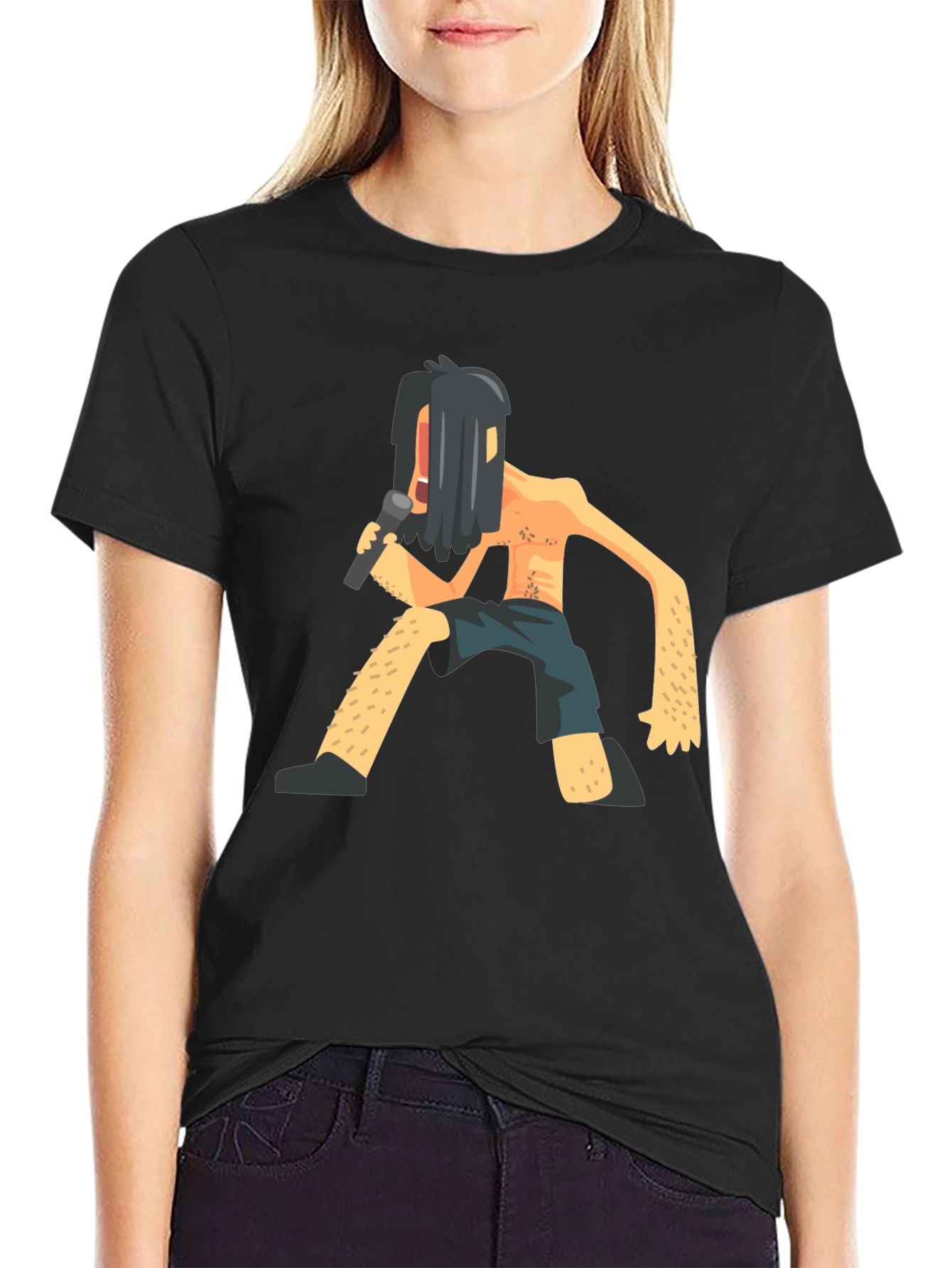 Black T-Shirt with Funny Singer Graphic