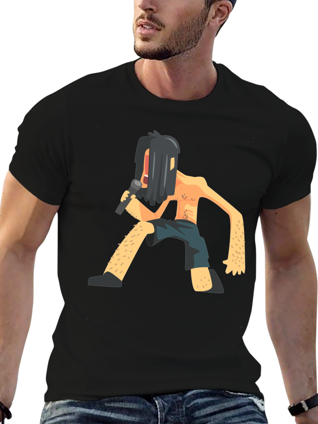 Black T-Shirt with Funny Singer Graphic