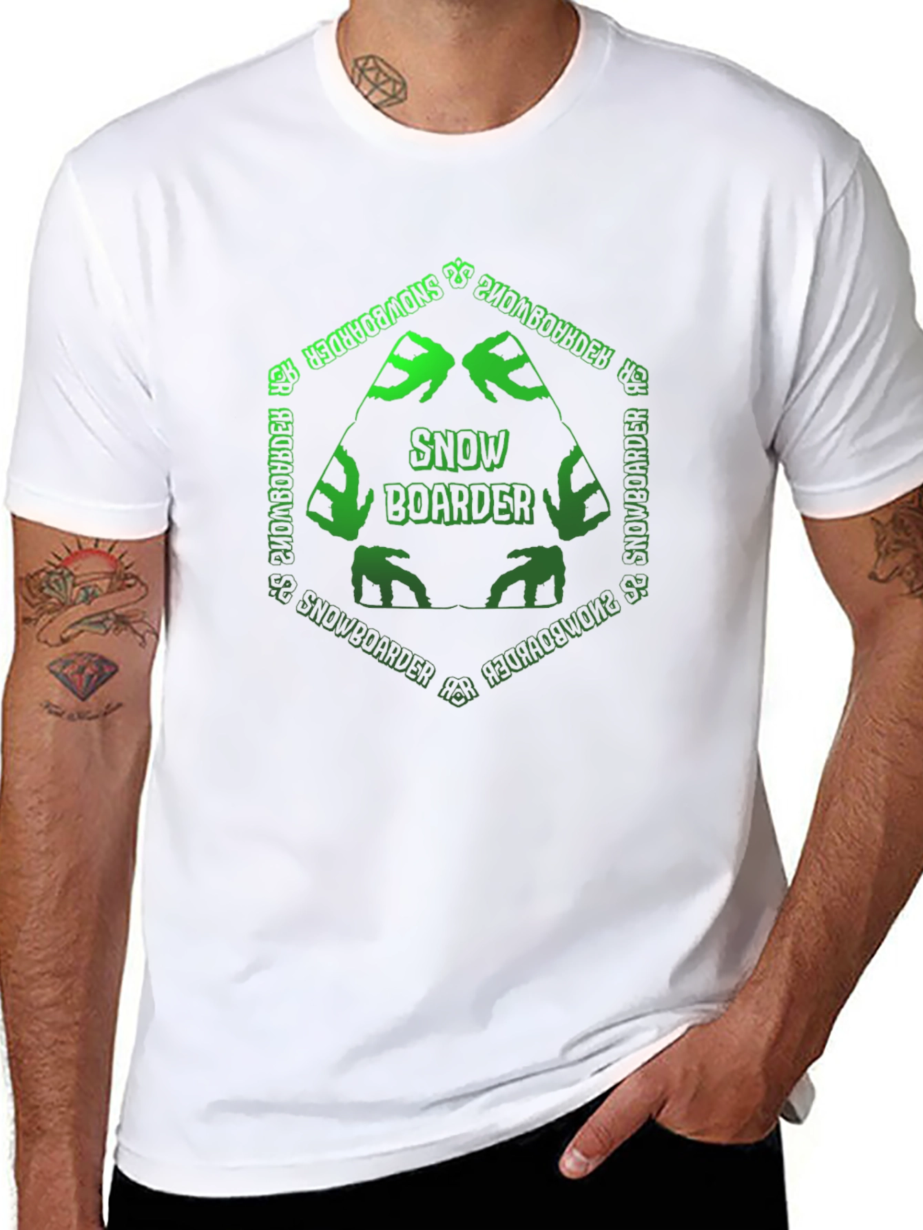 Snowboarder T-Shirt: Green Hexagon Design