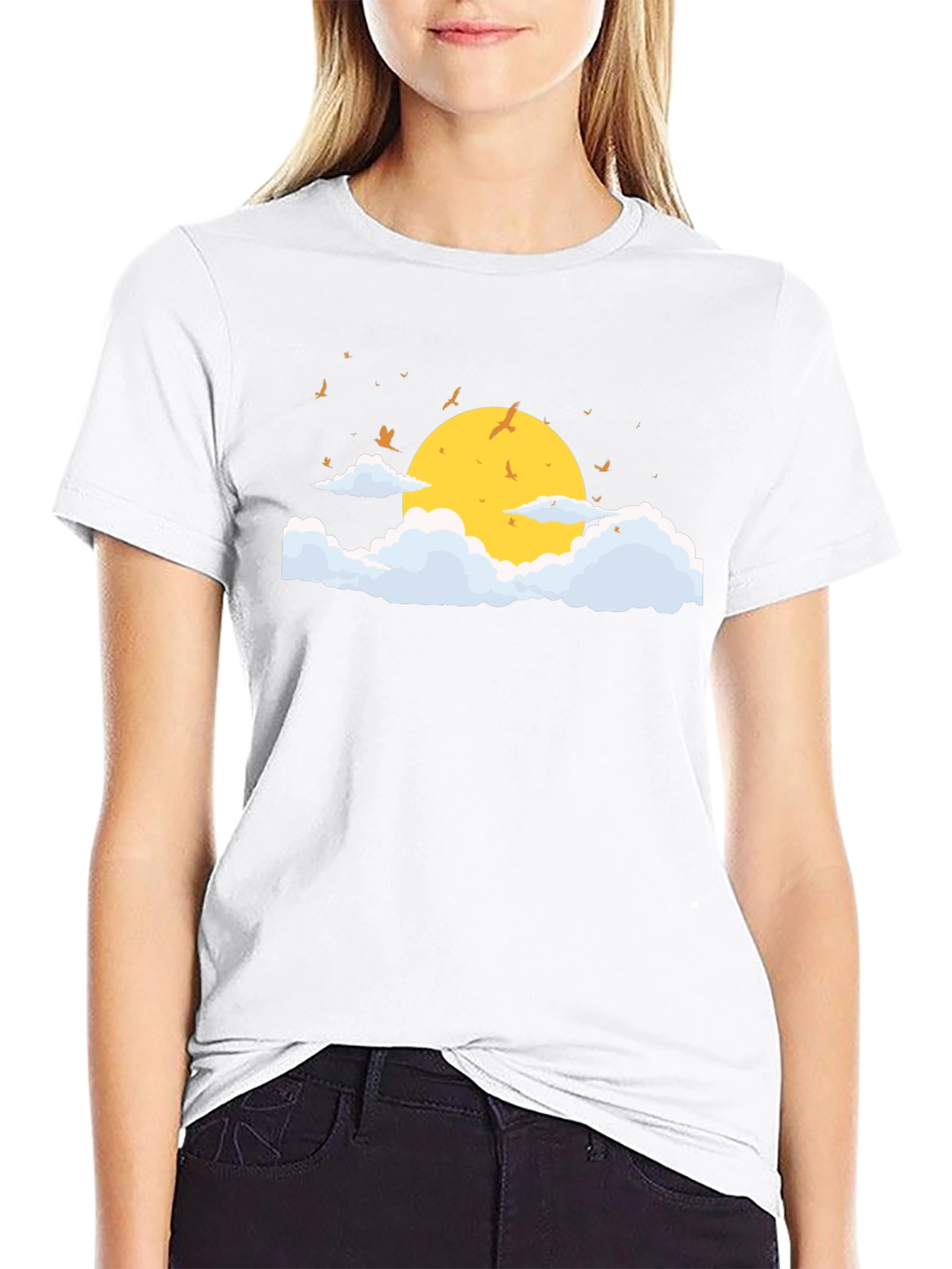 Black T-Shirt with Sun and Cloud Graphic