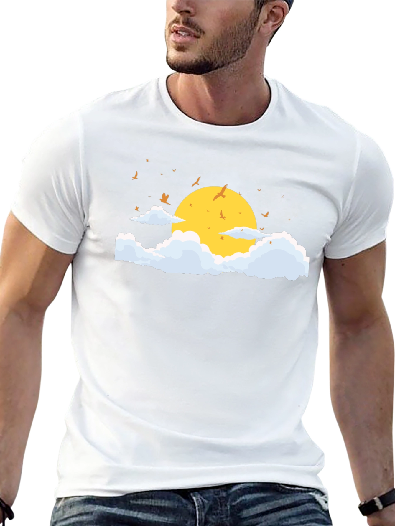 Black T-Shirt with Sun and Cloud Graphic