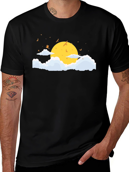 Black T-Shirt with Sun and Cloud Graphic