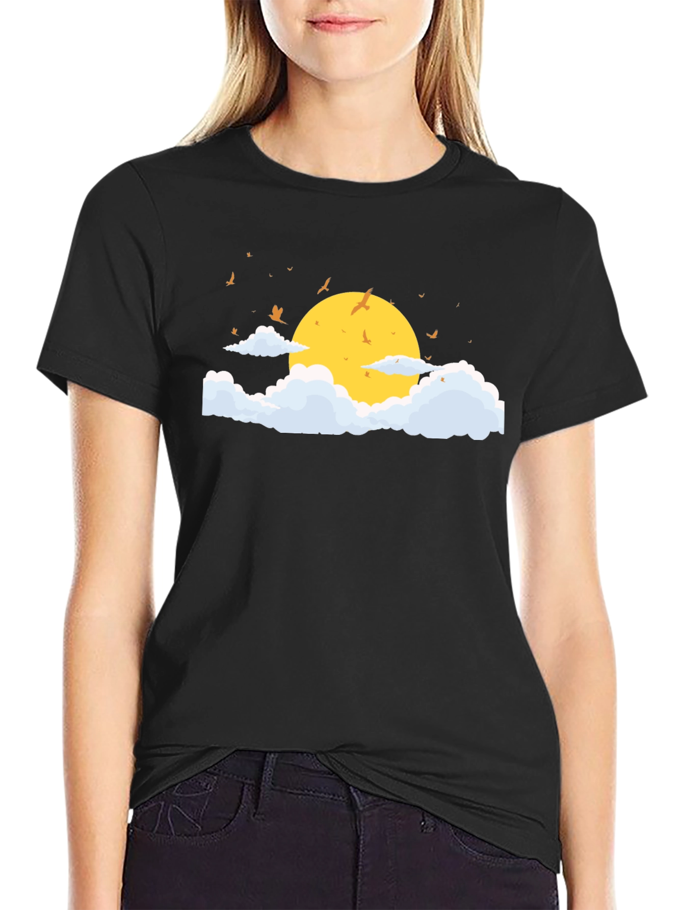 Black T-Shirt with Sun and Cloud Graphic