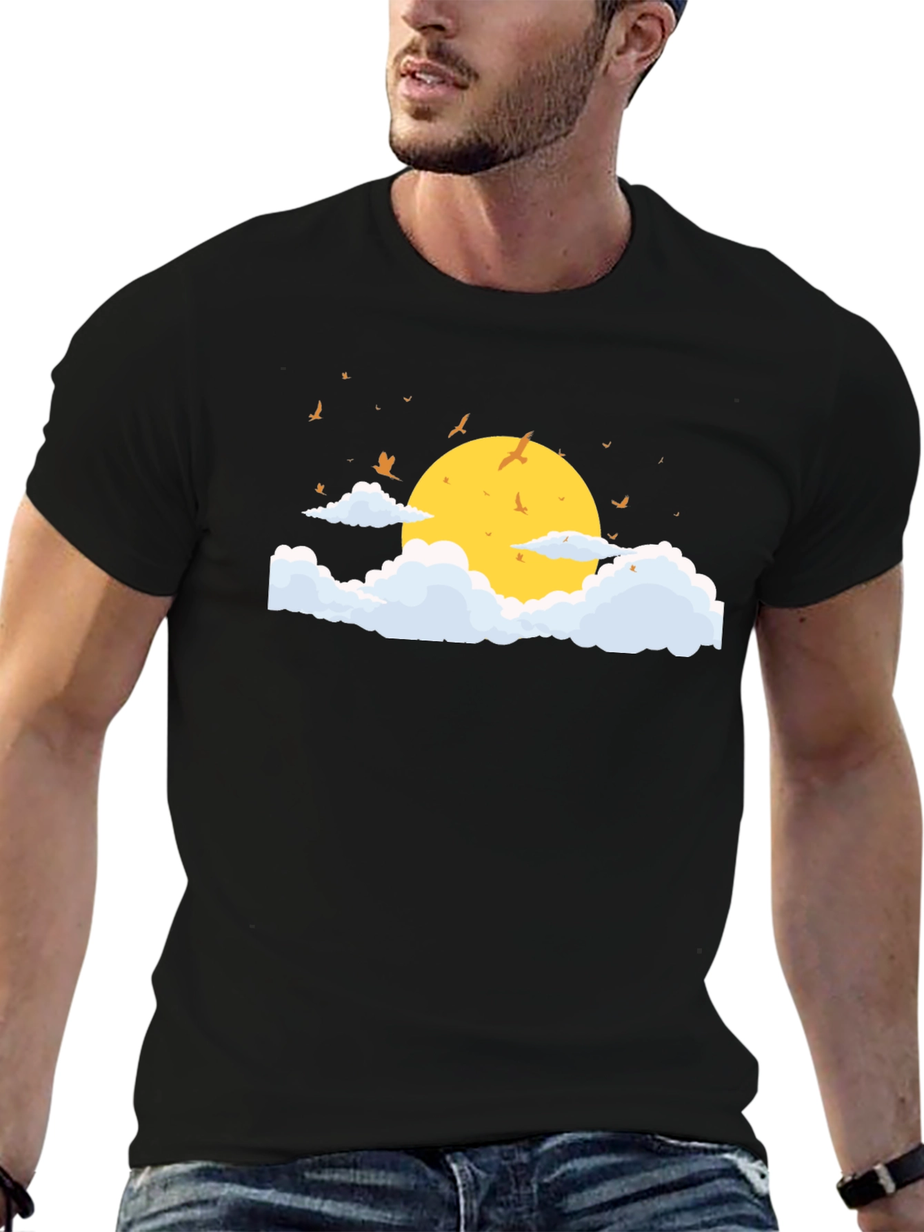 Black T-Shirt with Sun and Cloud Graphic
