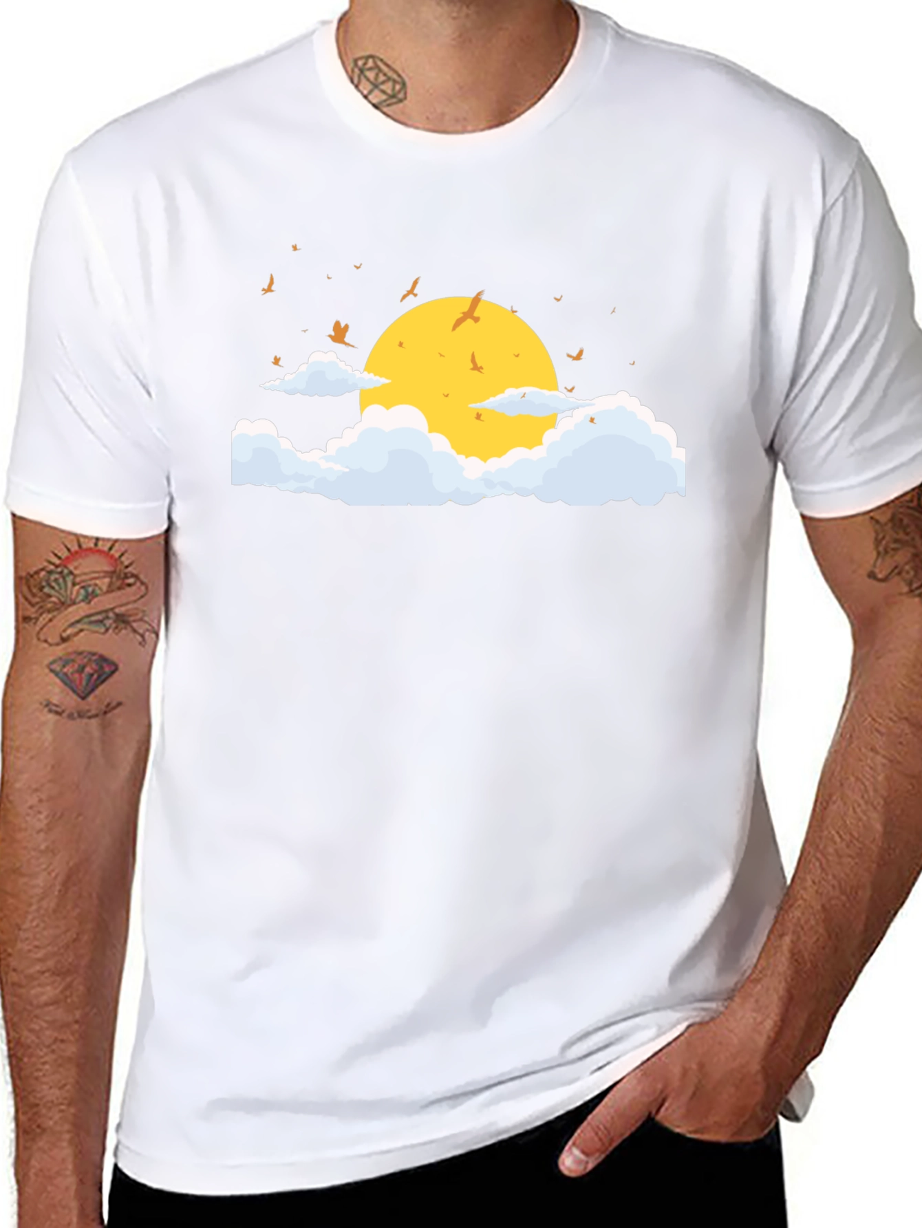 Black T-Shirt with Sun and Cloud Graphic