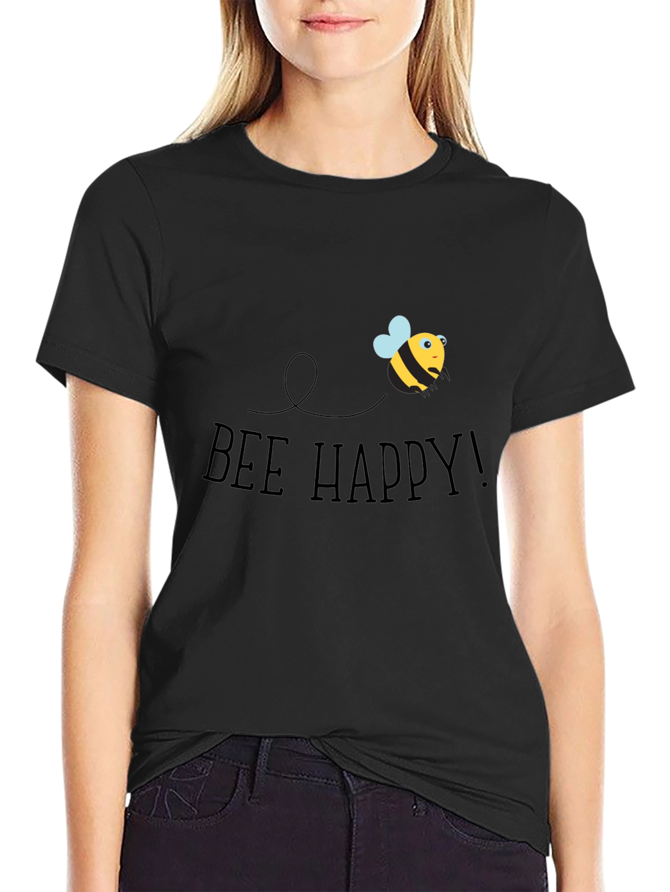 Bee Happy Graphic Tee - Black Cotton T-Shirt