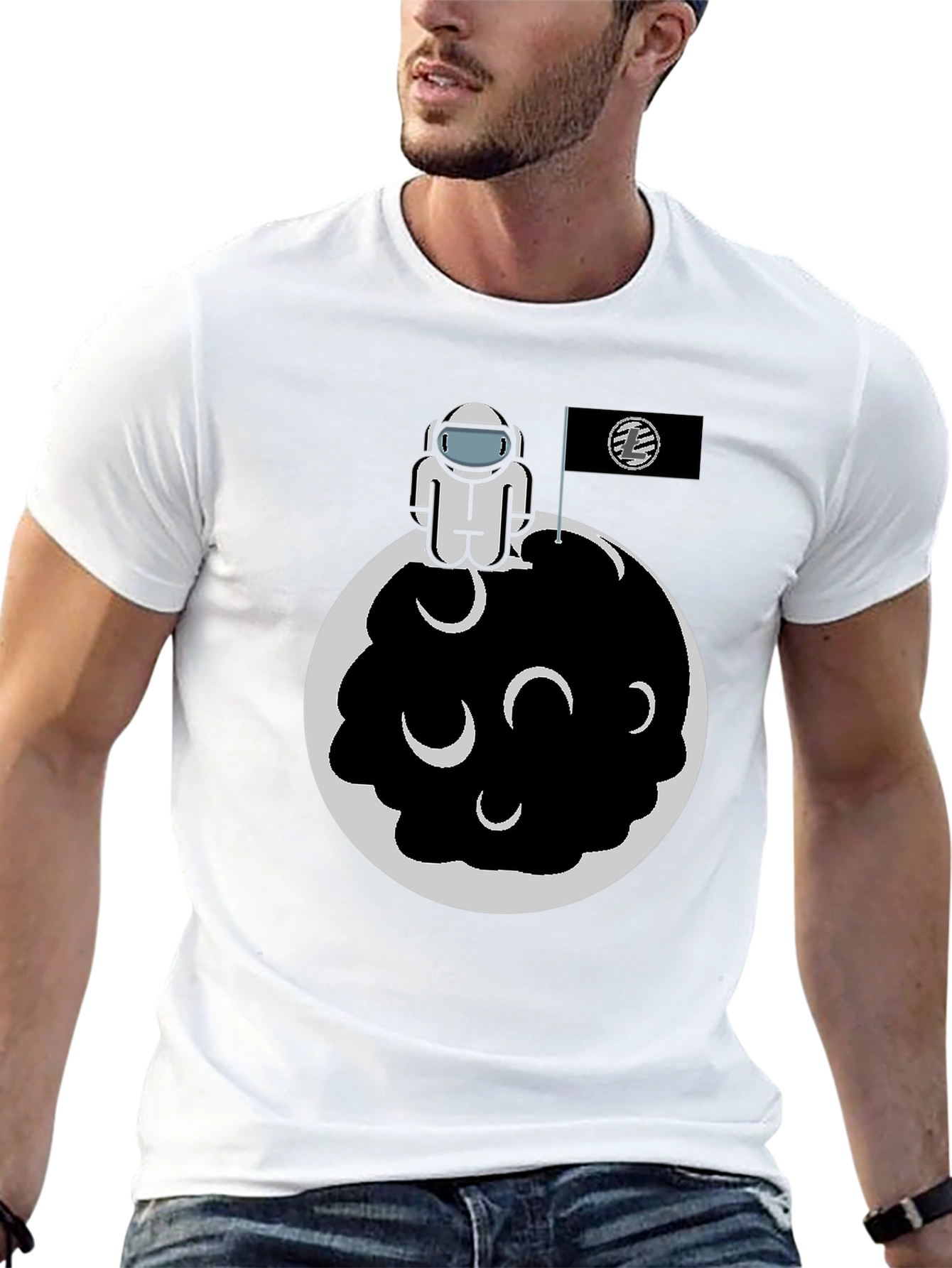 Astronaut on Moon Graphic Tee - Black Cotton Blend